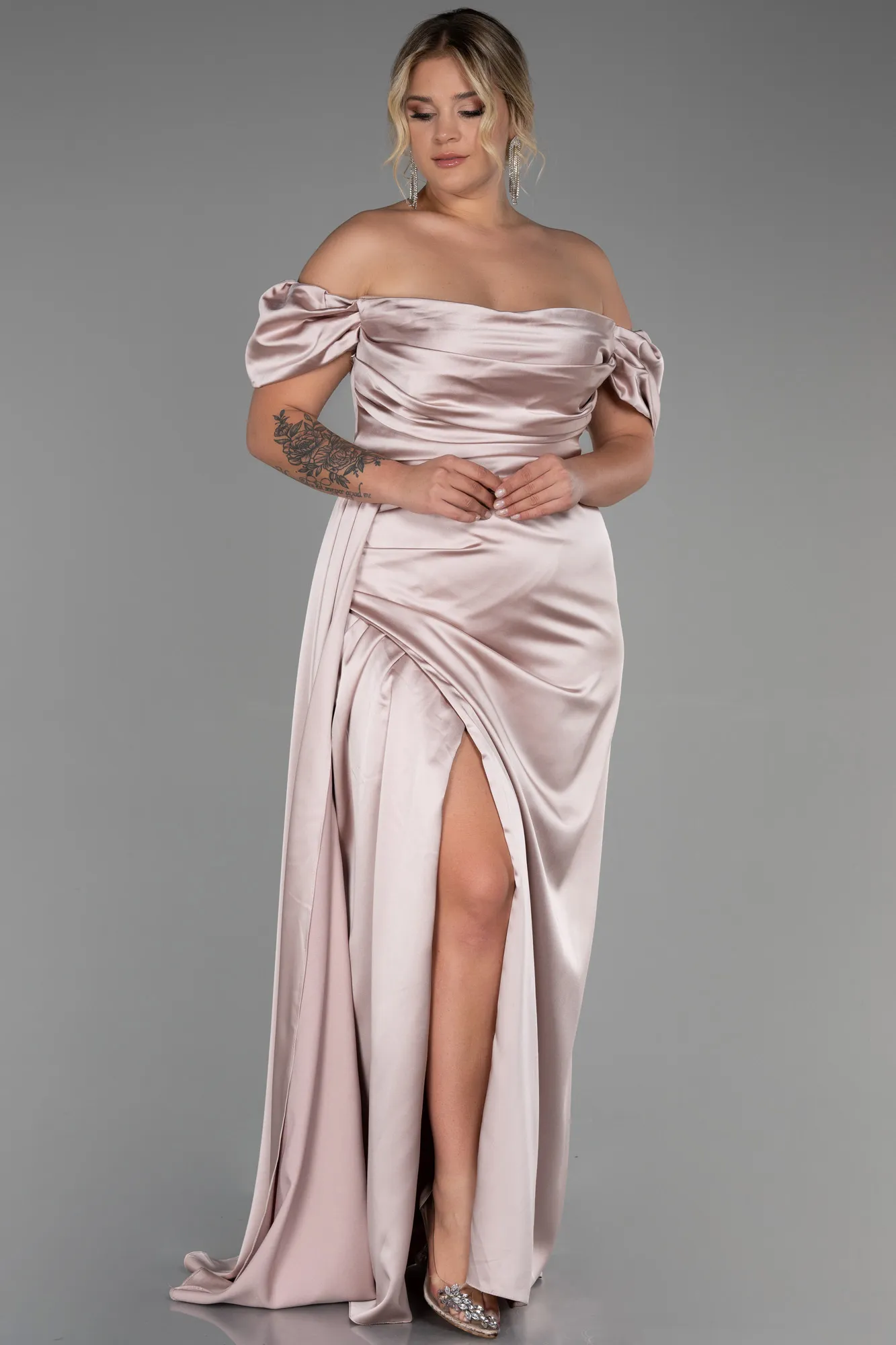 Beige-Long Satin Plus Size Evening Dress ABU1626