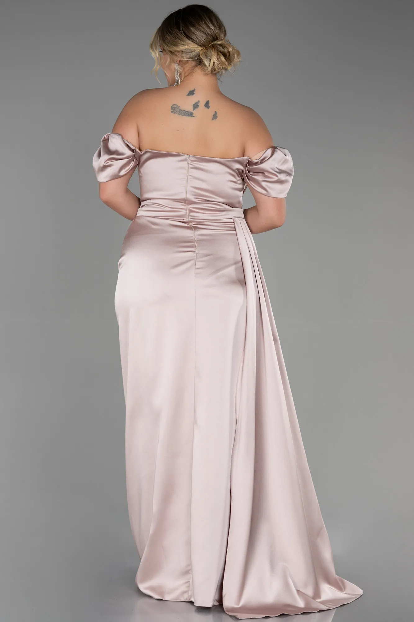 Beige-Long Satin Plus Size Evening Dress ABU1626