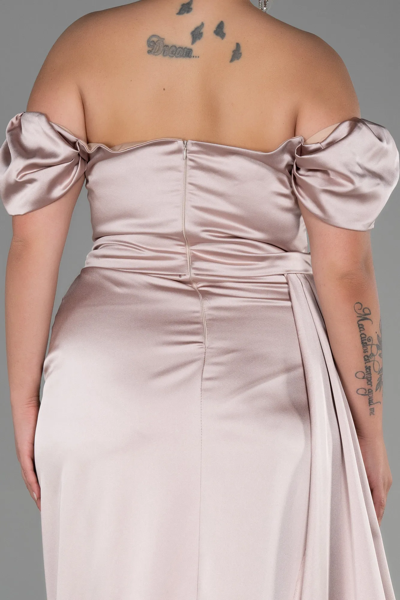 Beige-Long Satin Plus Size Evening Dress ABU1626