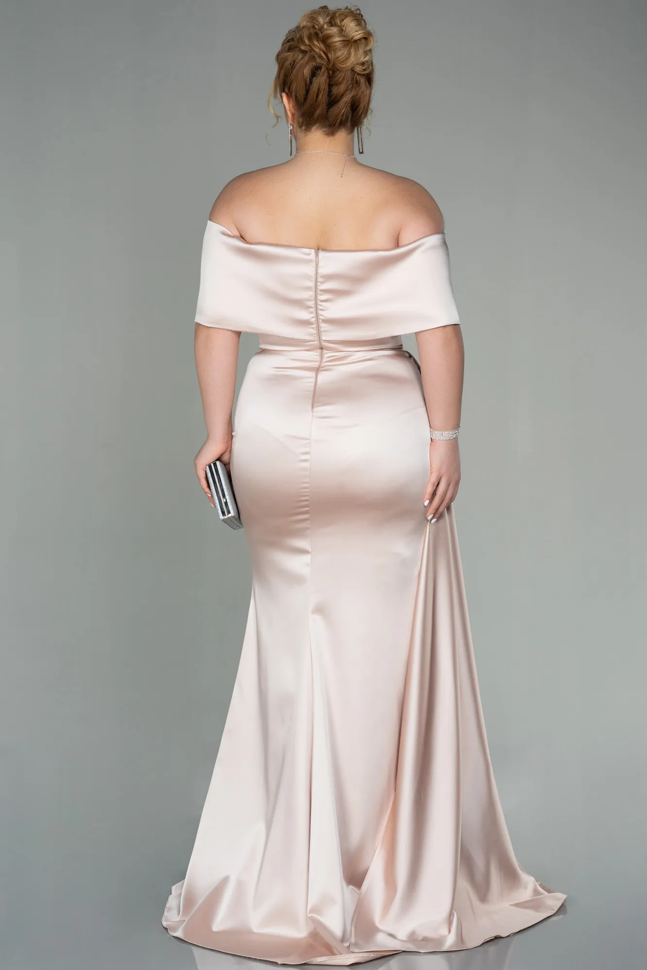 Beige-Long Satin Plus Size Evening Dress ABU2873