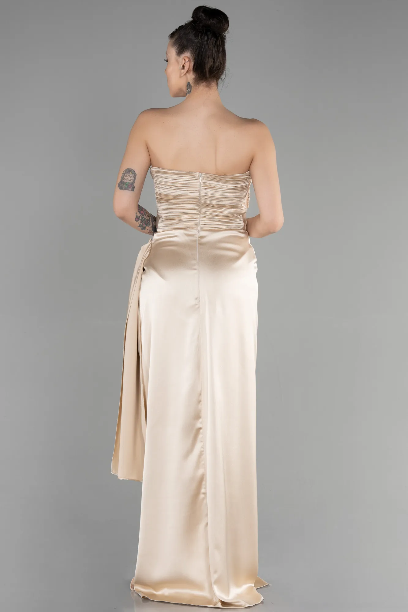 Beige-Long Satin Prom Gown ABU3482