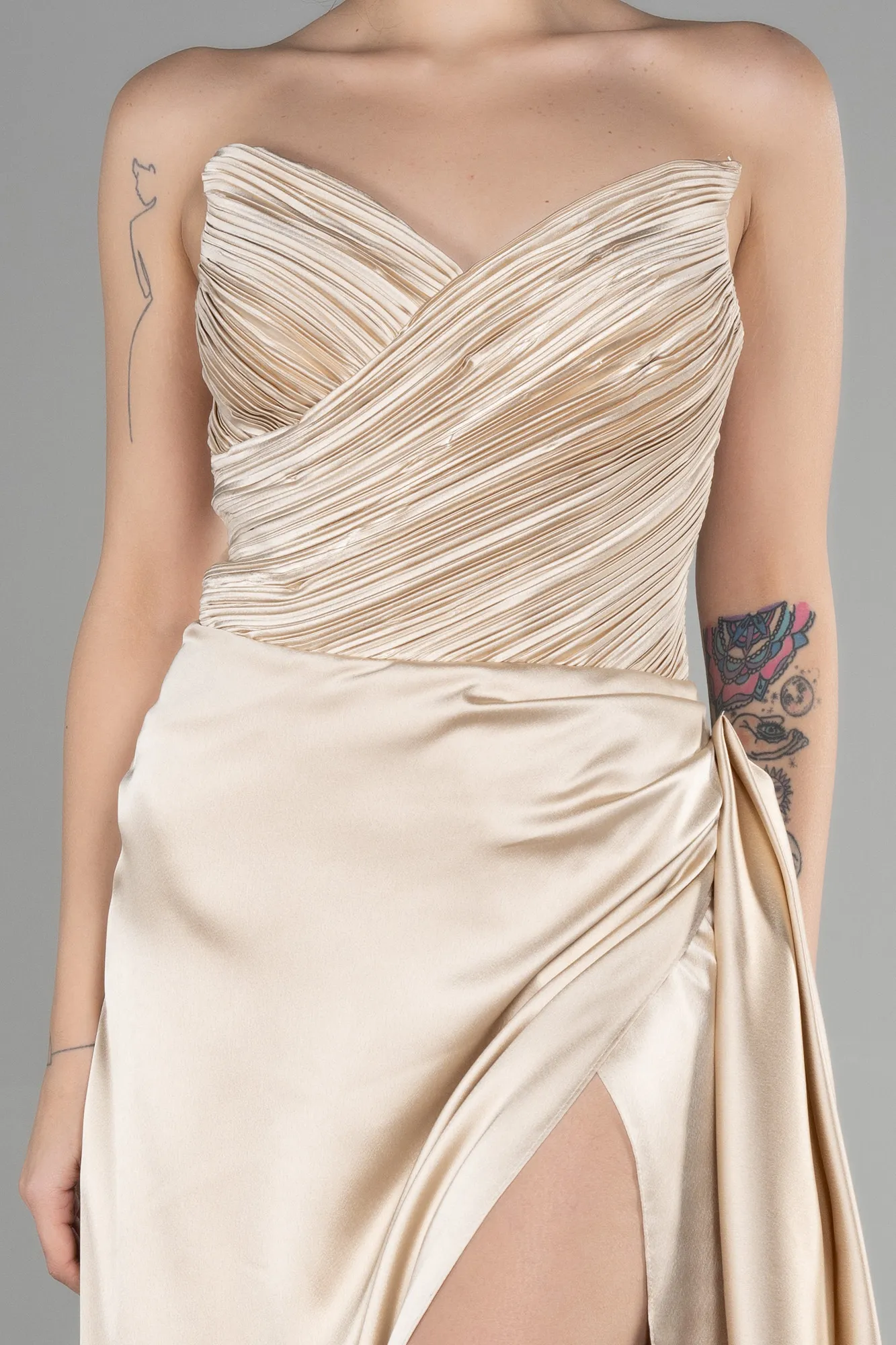 Beige-Long Satin Prom Gown ABU3482