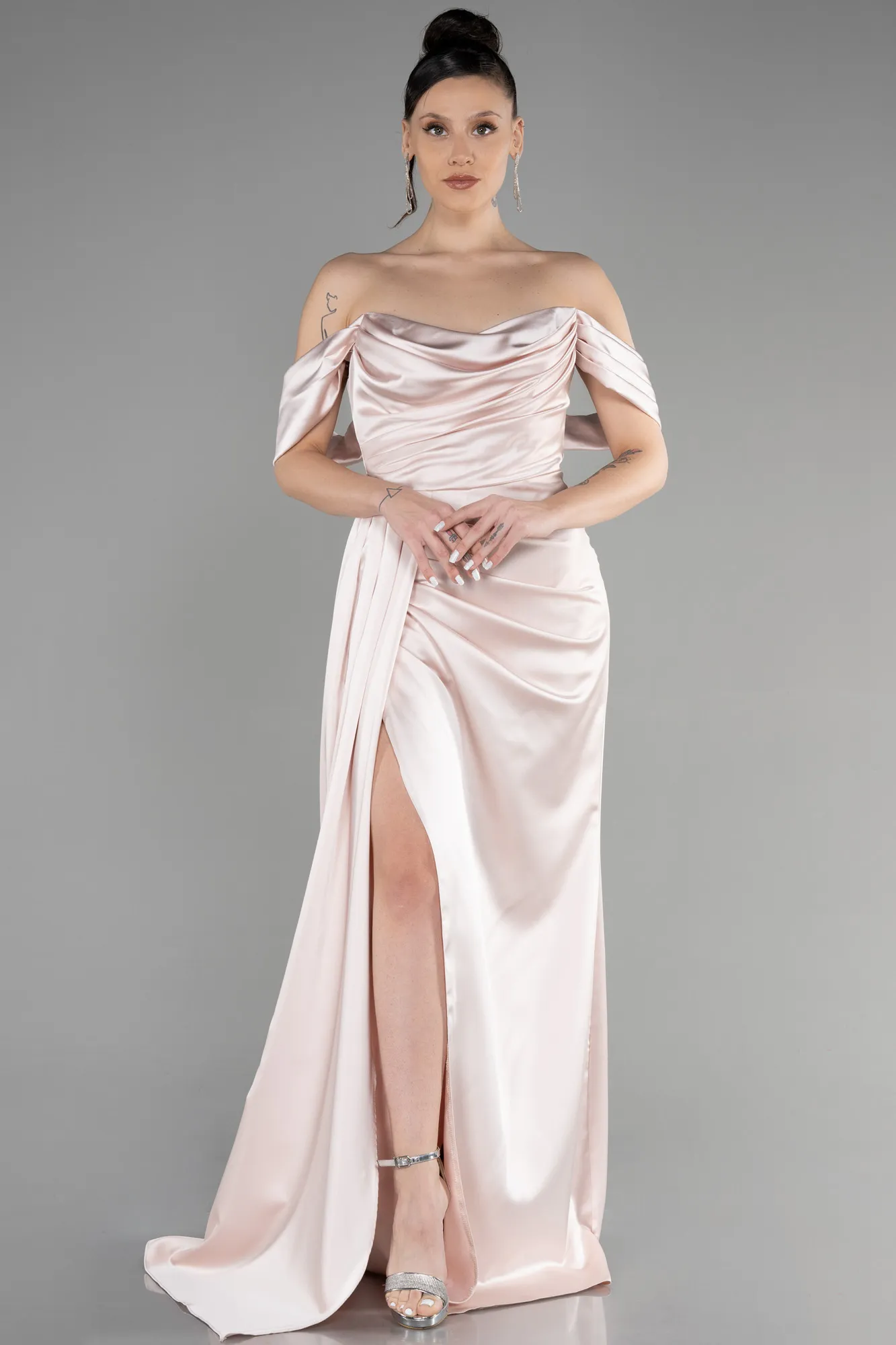 Beige-Long Satin Prom Gown ABU3514