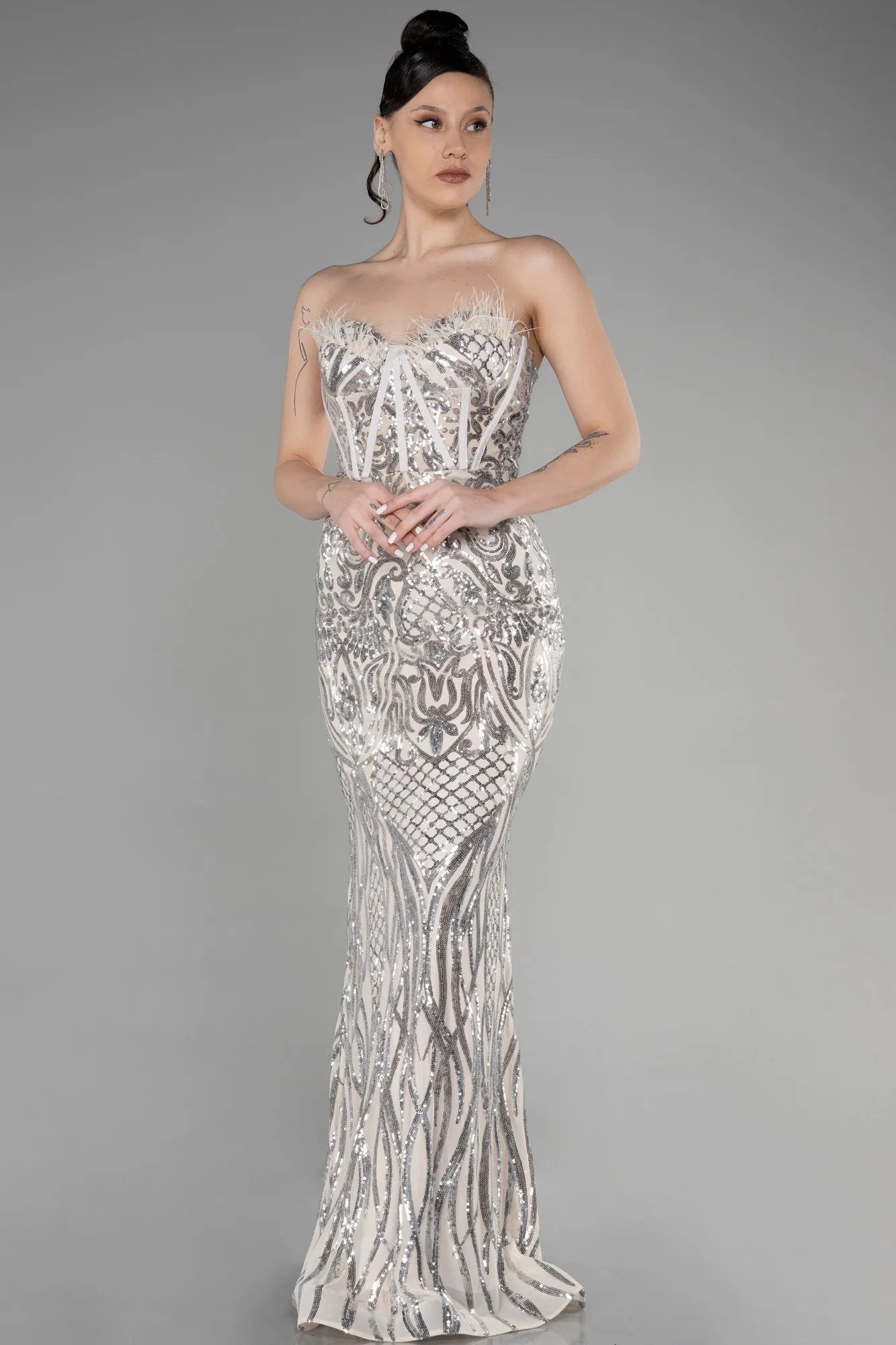 Beige-Long Scaly Mermaid Prom Dress ABU3550