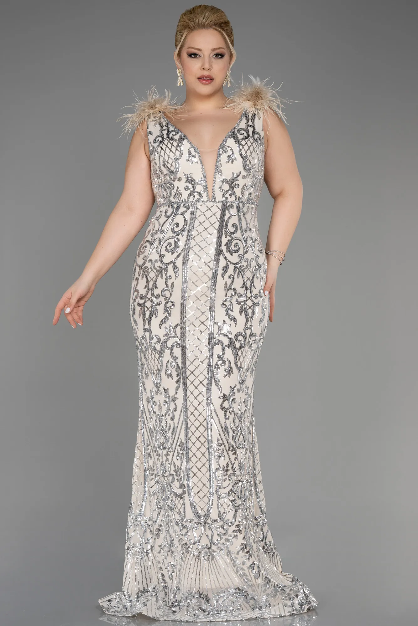 Beige-Long Scaly Plus Size Engagement Dress ABU3671