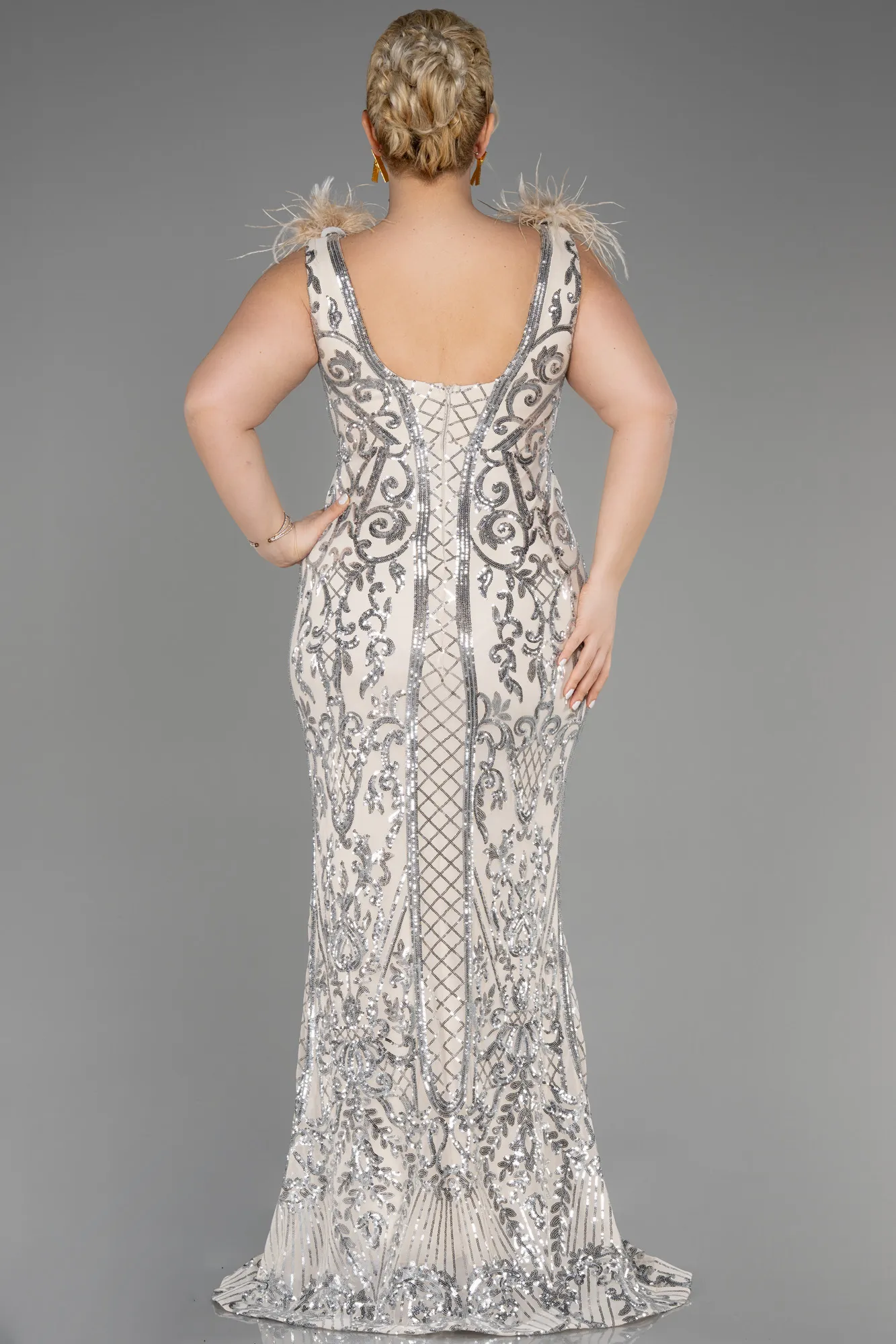 Beige-Long Scaly Plus Size Engagement Dress ABU3671