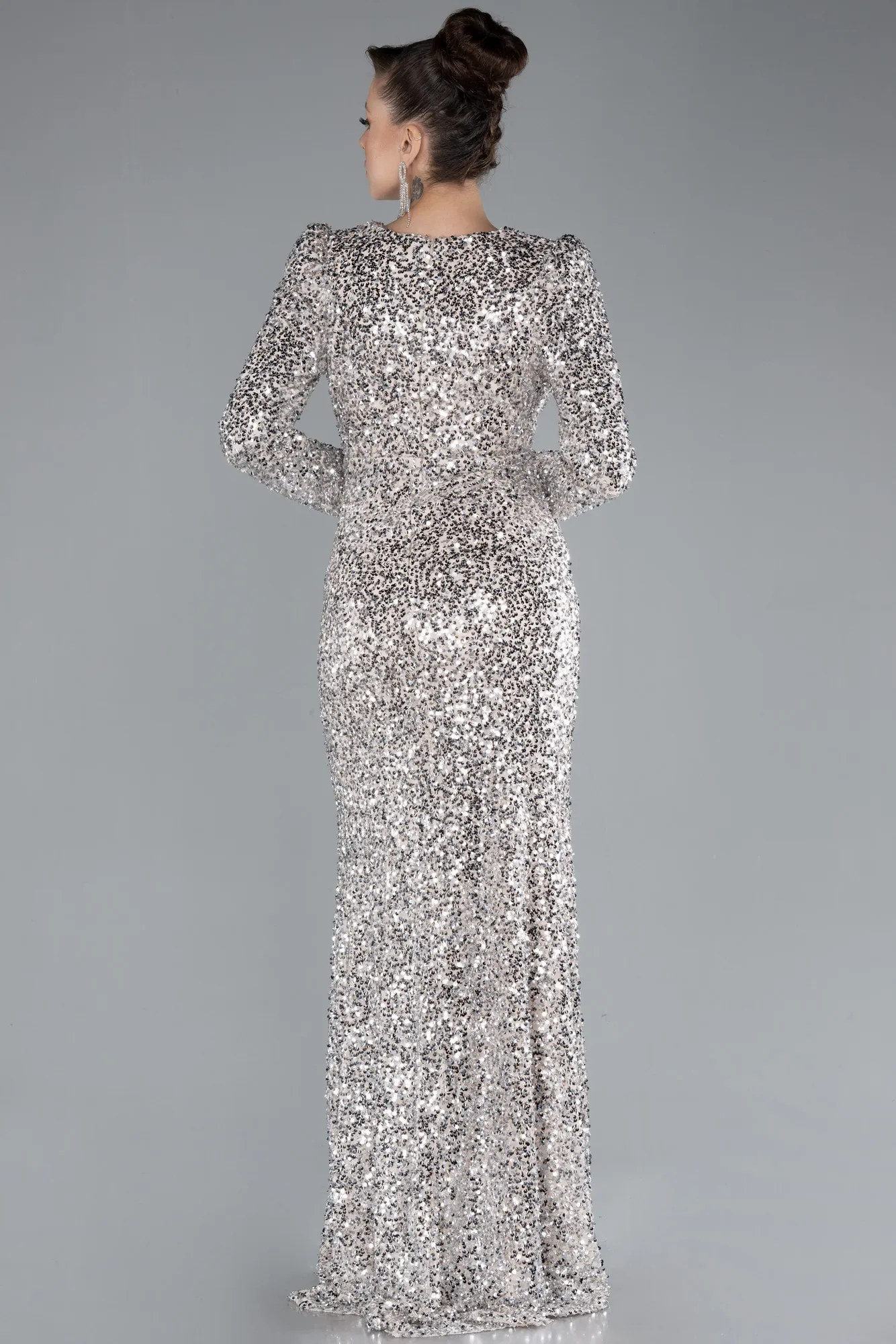 Beige-Long Sleeve Slit Sequined Evening Gown ABU4329