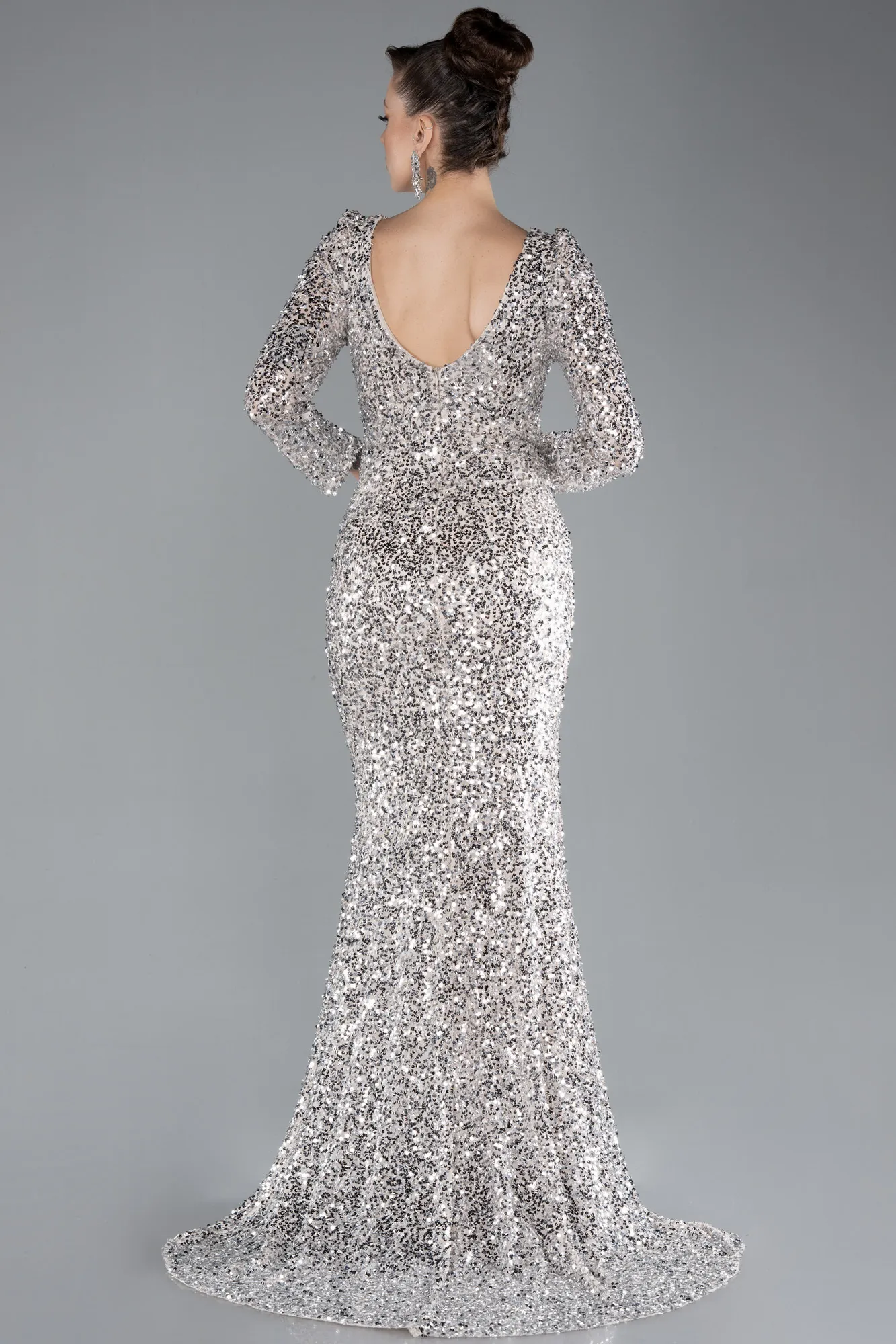 Beige-Long Sleeve Slit Sequined Evening Gown ABU4512