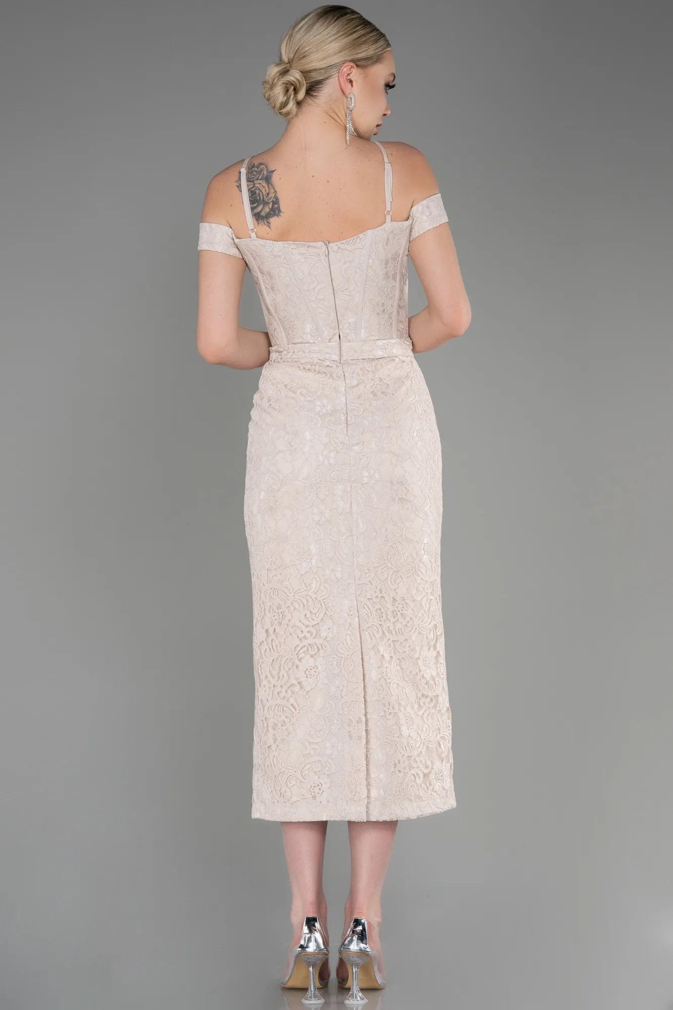 Beige-Midi Laced Party Dress ABK2013