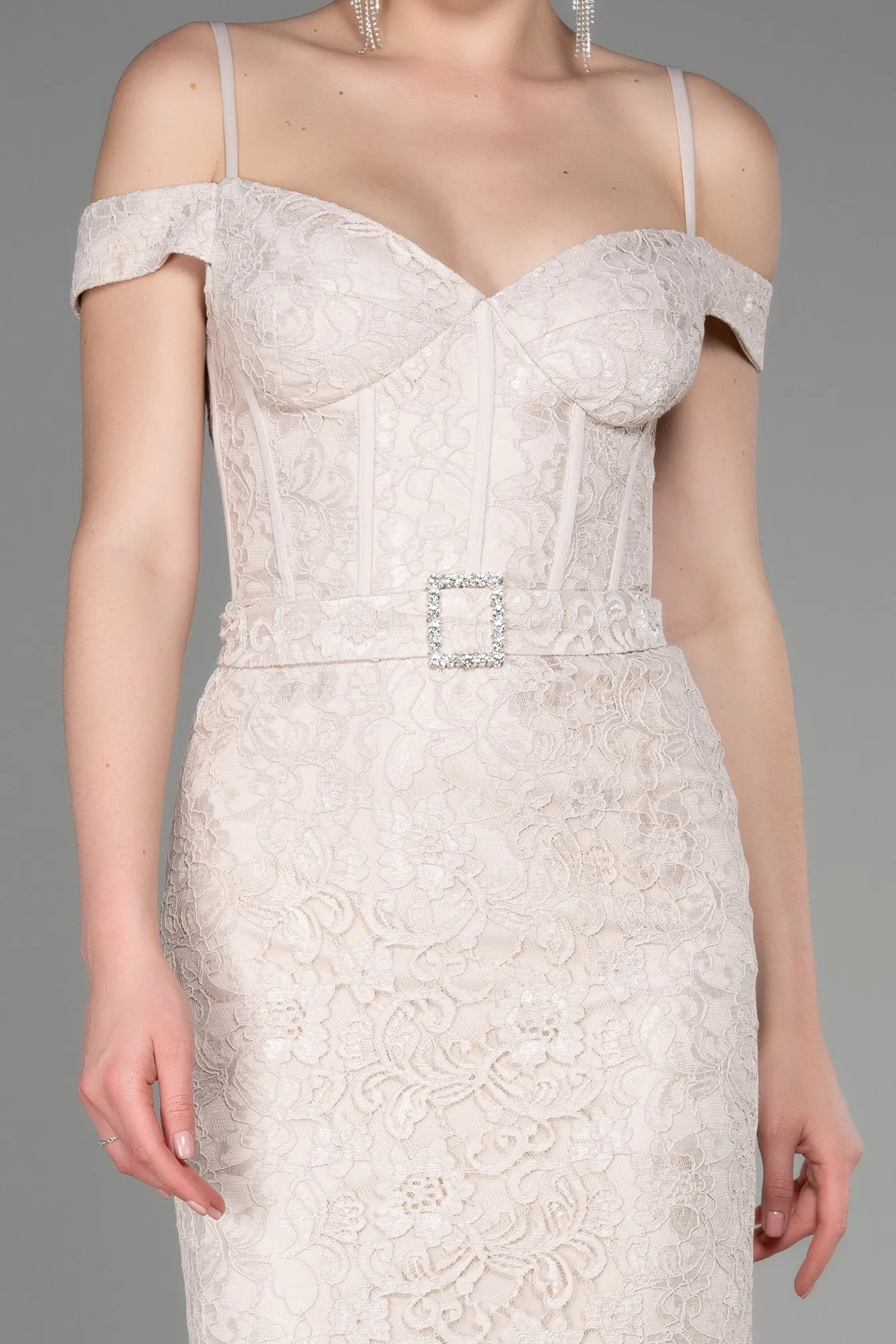 Beige-Midi Laced Party Dress ABK2013