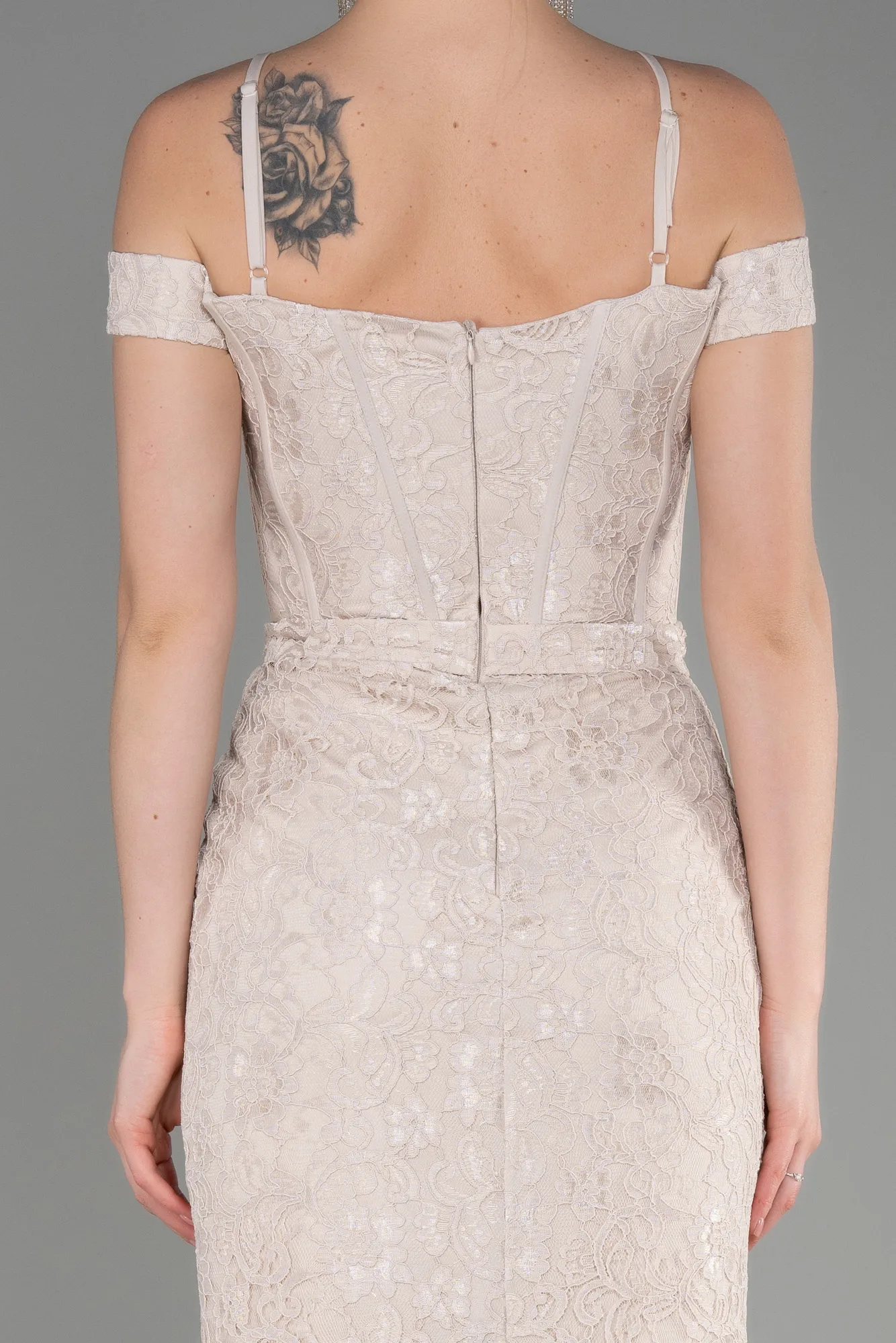 Beige-Midi Laced Party Dress ABK2013