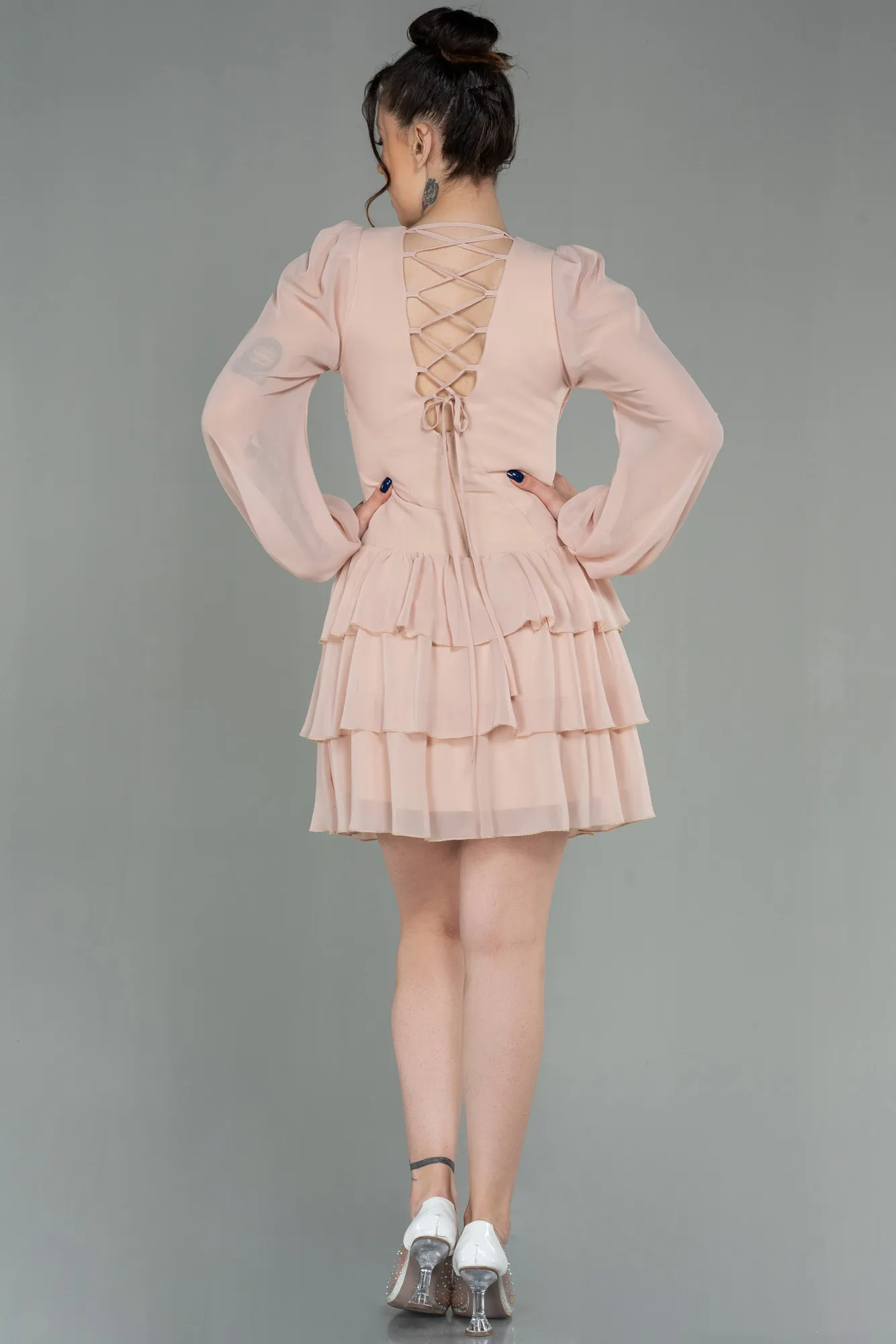 Beige-Mini Chiffon Invitation Dress ABK1899