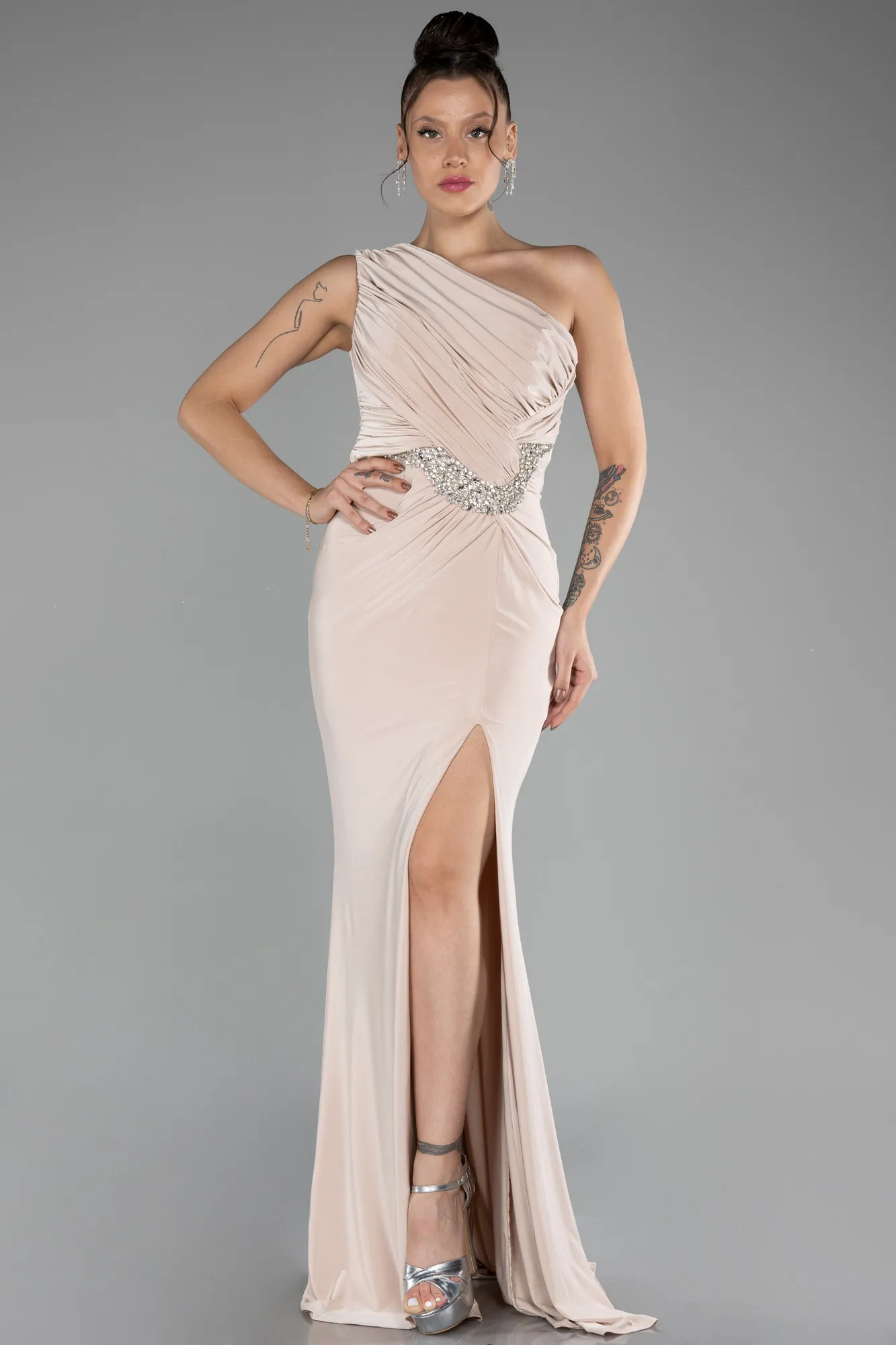 Beige-One Shoulder Slit Long Evening Dress ABU4116