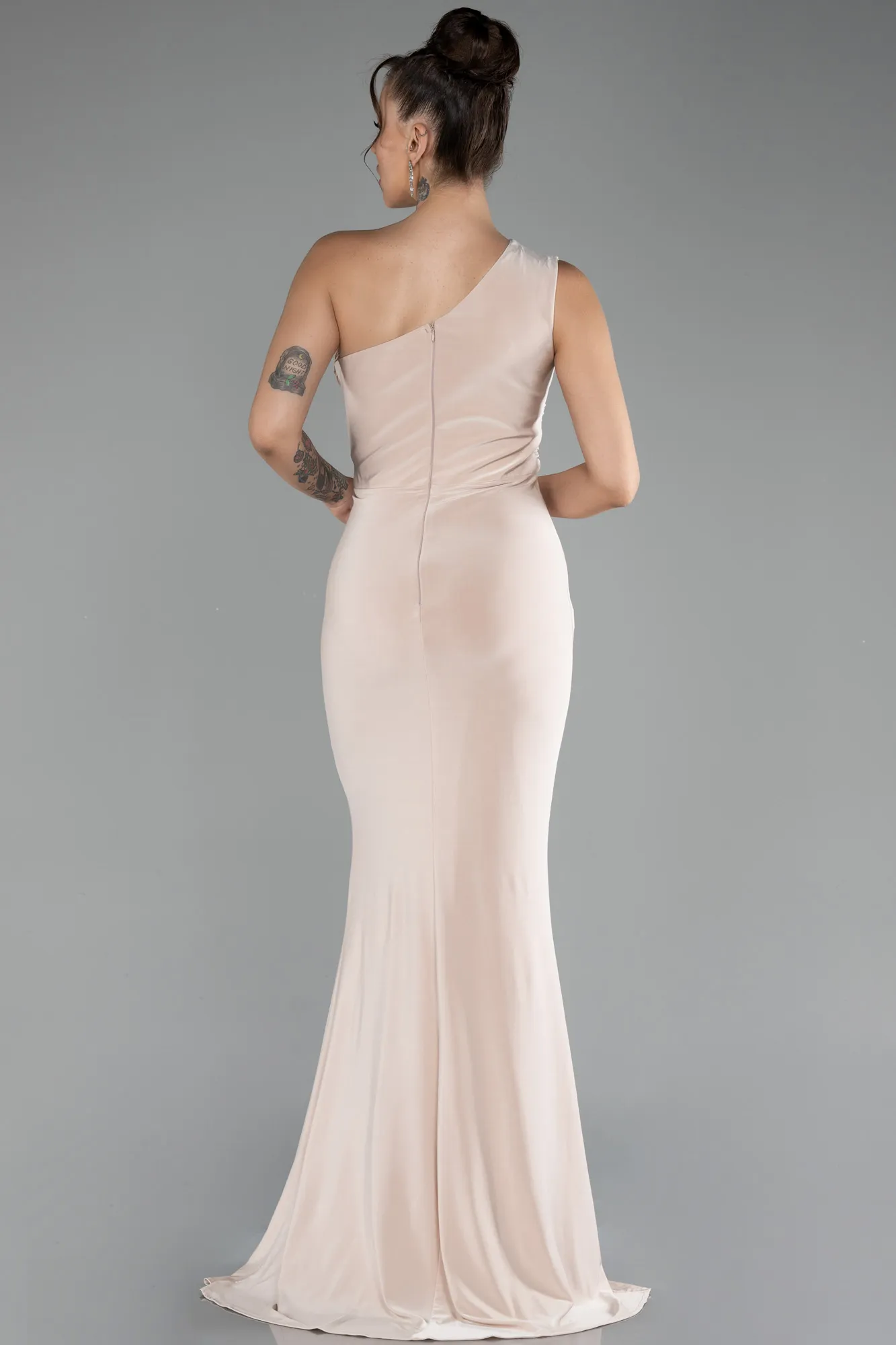 Beige-One Shoulder Slit Long Evening Dress ABU4116