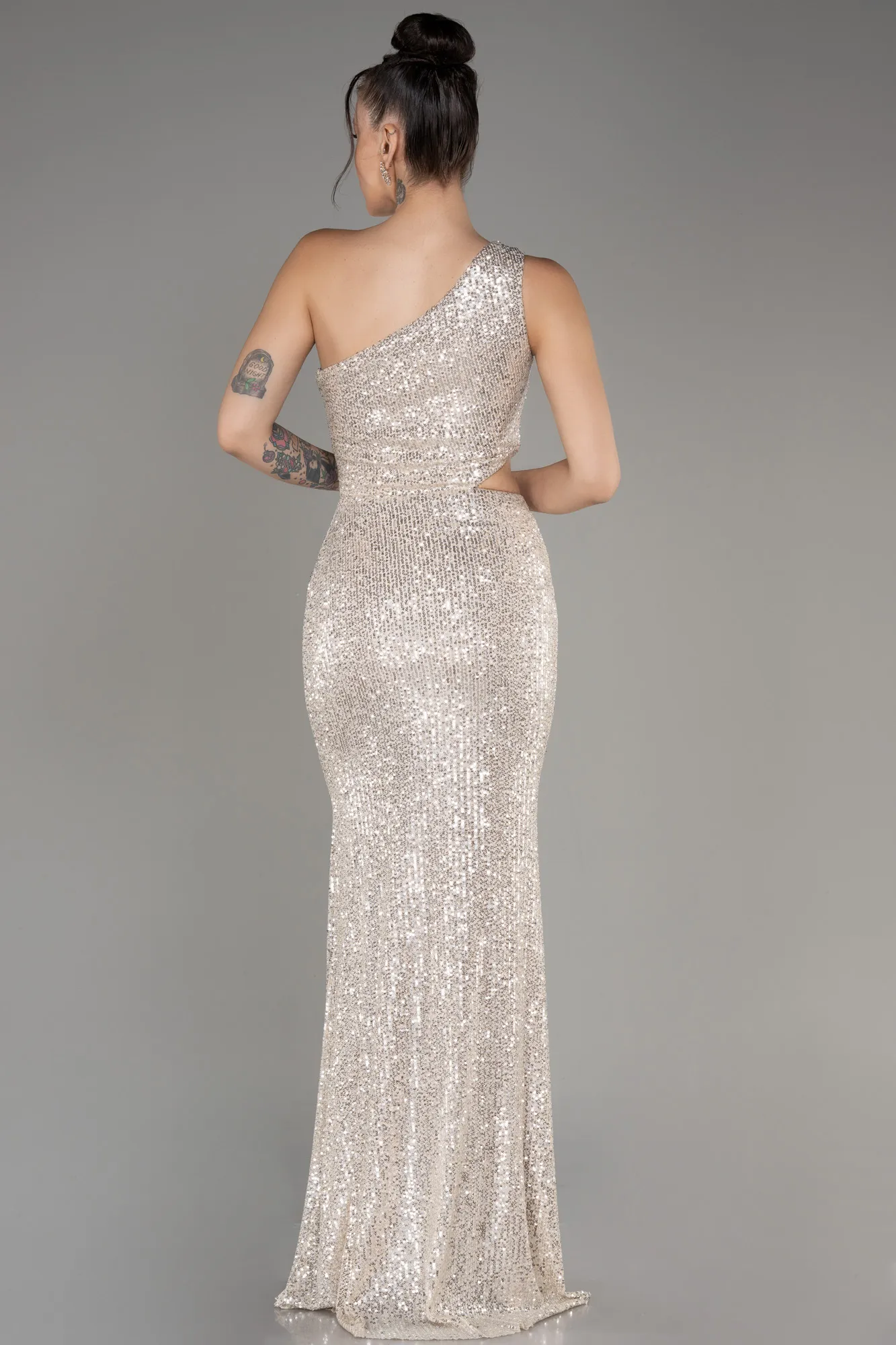 Beige-One Shoulder Slit Scaly Evening Dress ABU3904