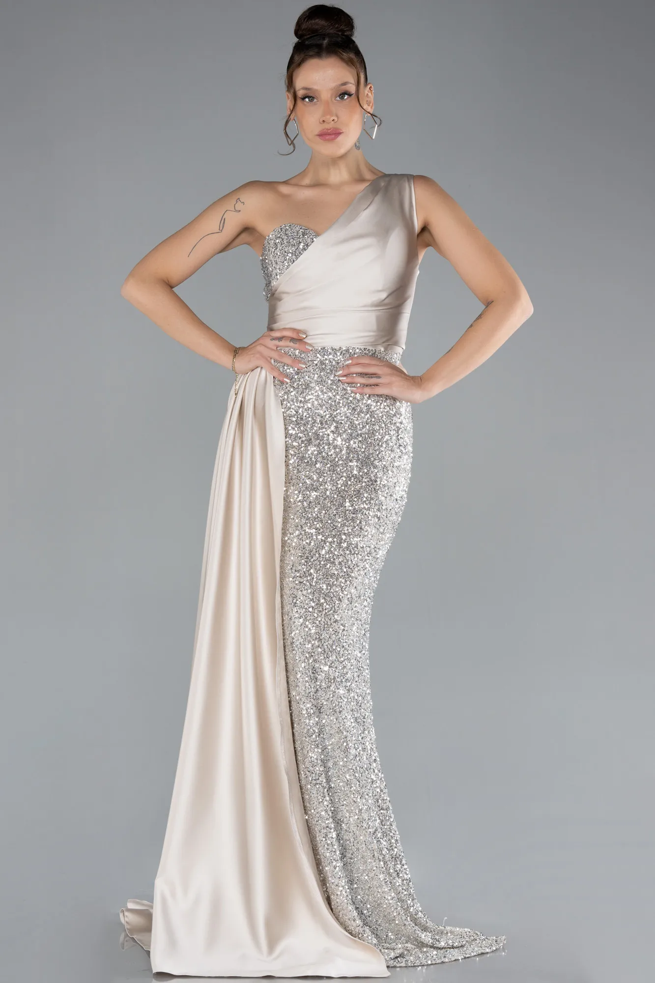 Beige-One Sleeve Long Sequined Evening Gown ABU4378