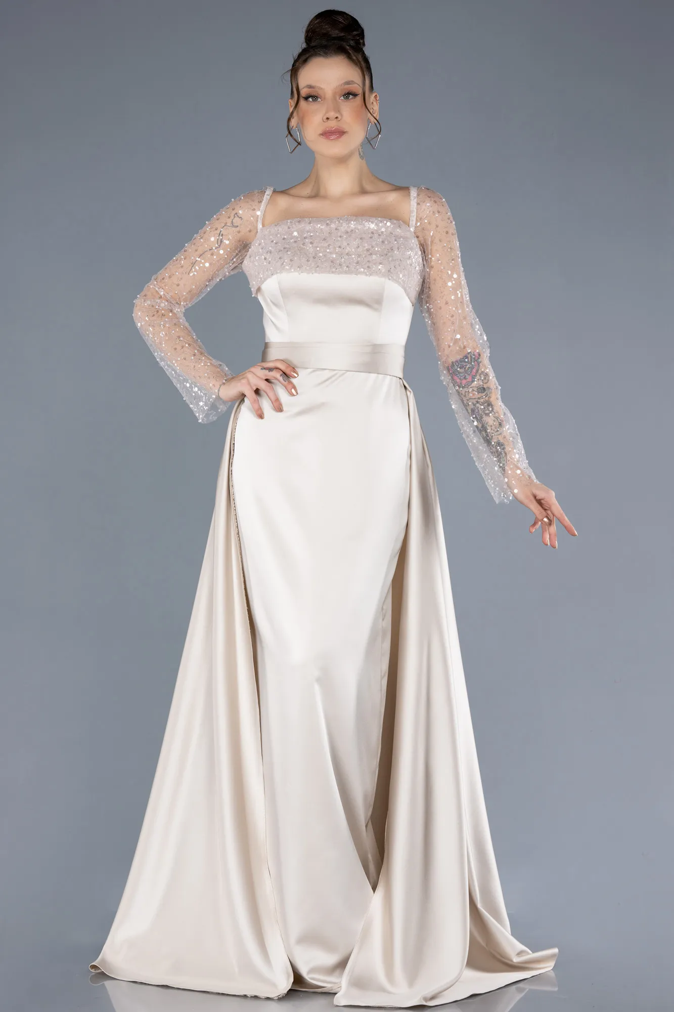 Beige-Scaly Long Sleeve Satin Tail Evening Gown ABU4583