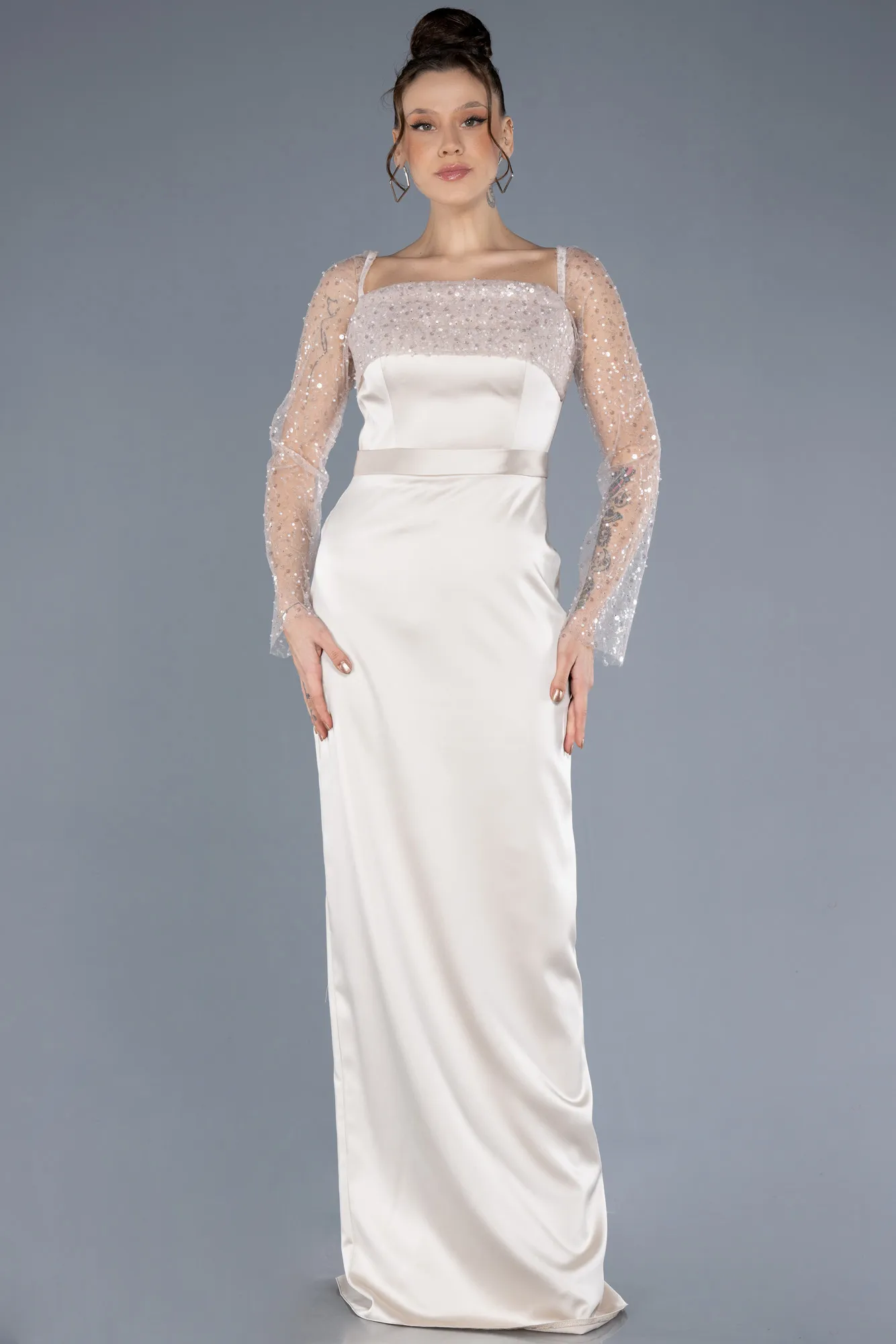 Beige-Scaly Long Sleeve Satin Tail Evening Gown ABU4583