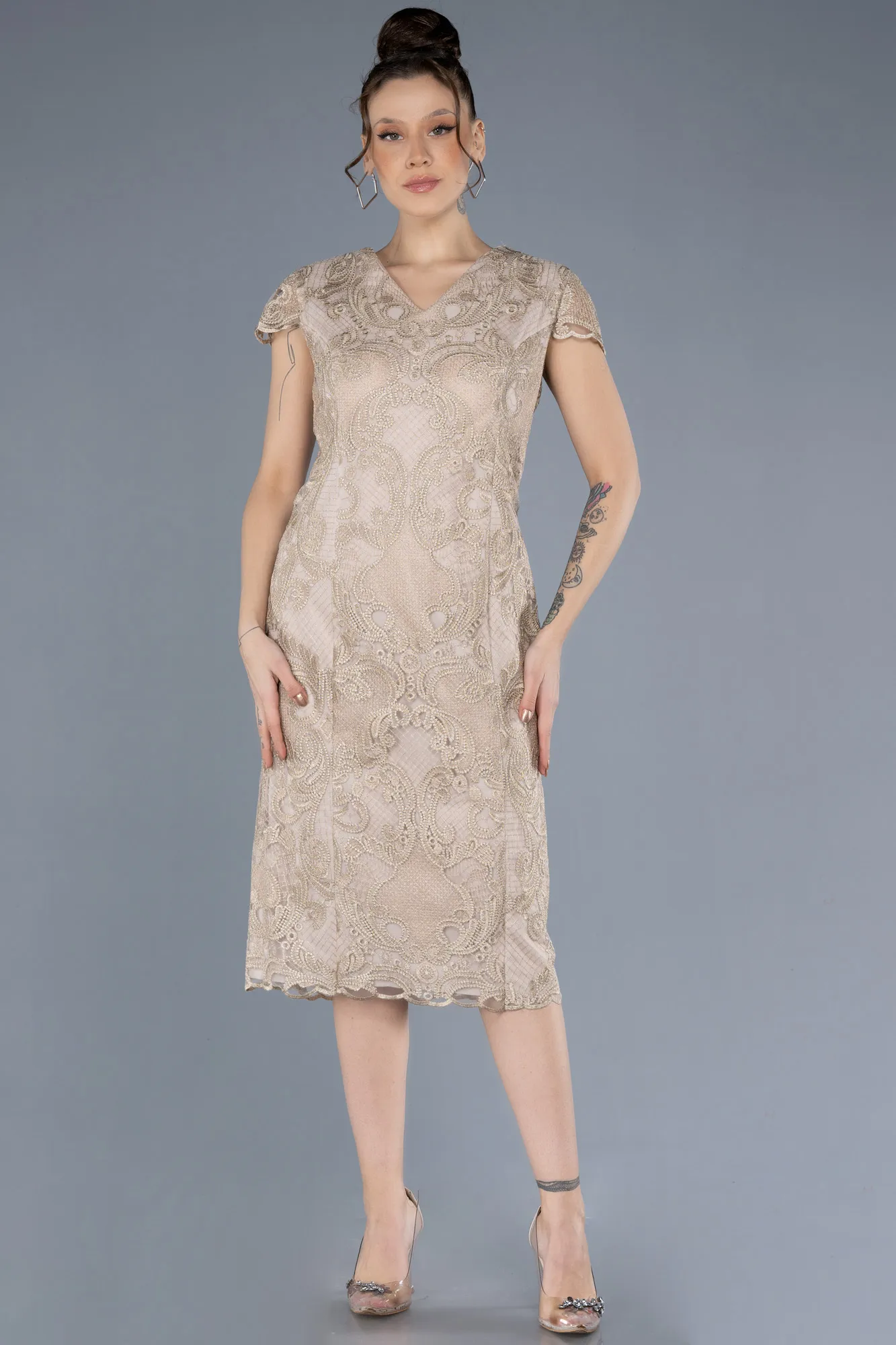 Beige-Short Sleeve Guipure Midi Plus Size Invitation Dress ABK2229