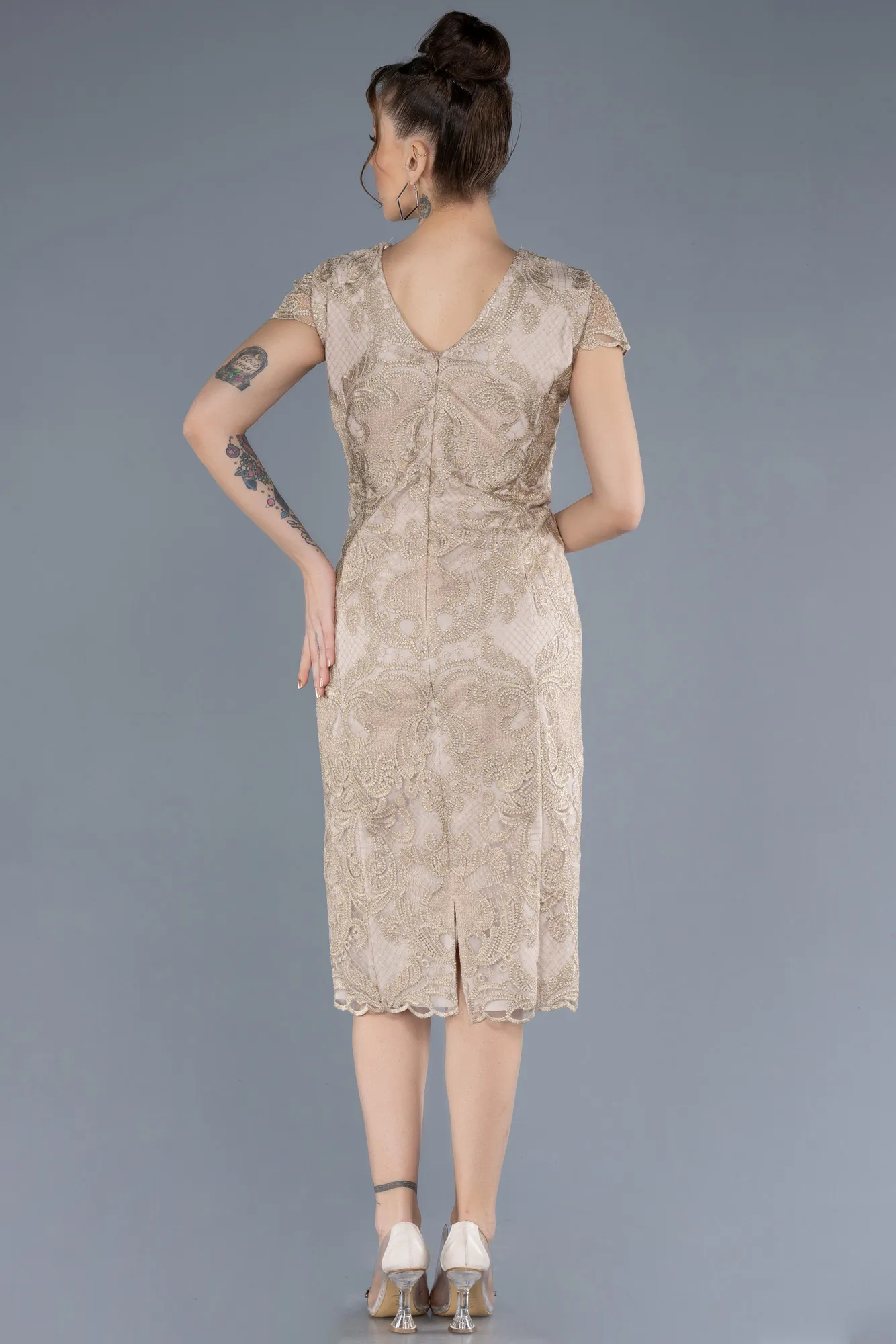 Beige-Short Sleeve Guipure Midi Plus Size Invitation Dress ABK2229