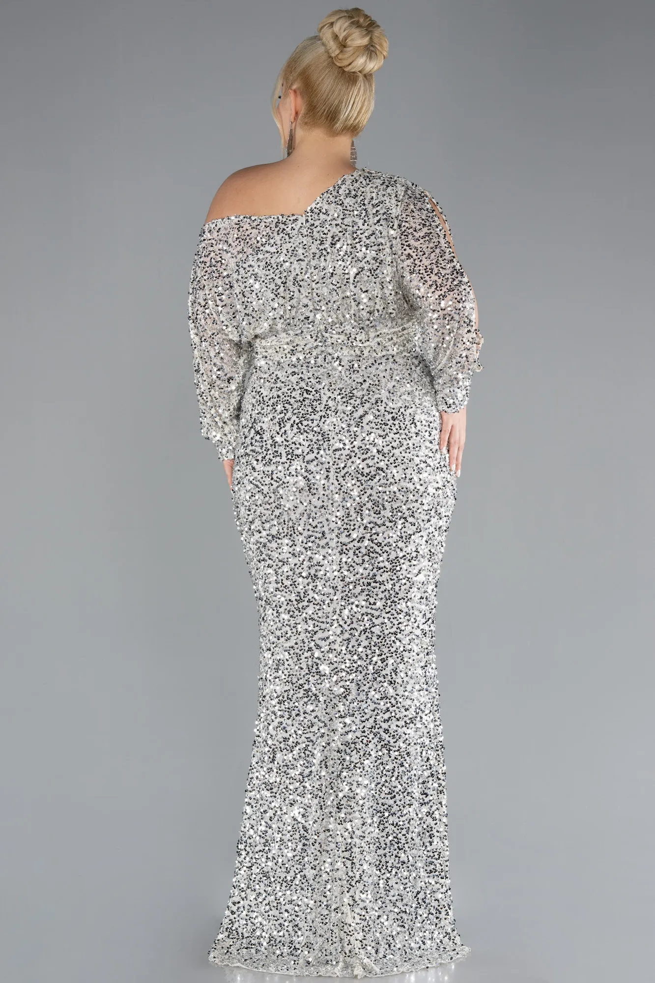 Beige-Slit Long Sleeve Scaly Plus Size Evening Gown ABU4313