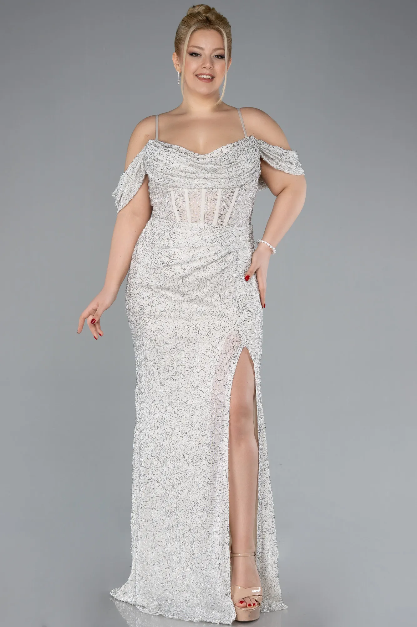 Beige-Slit Long Stone Plus Size Prom Dress ABU4395