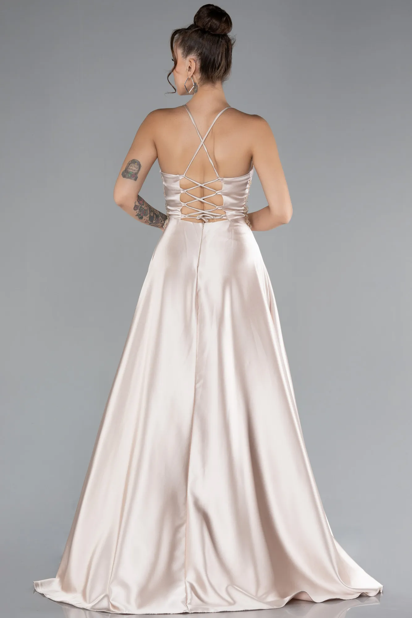 Beige-Srappy Long Satin Prom Gown ABU4133