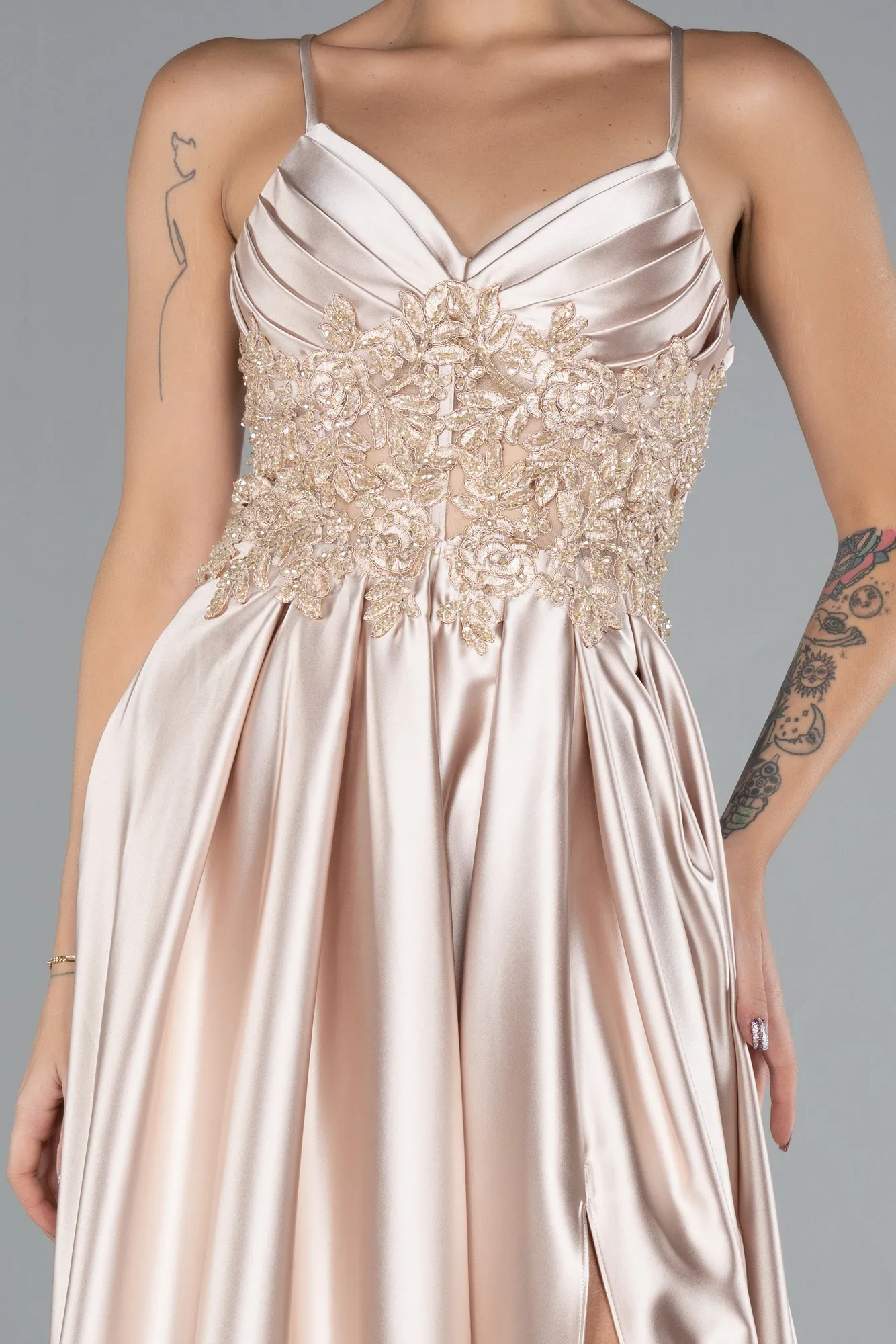 Beige-Srappy Long Satin Prom Gown ABU4133