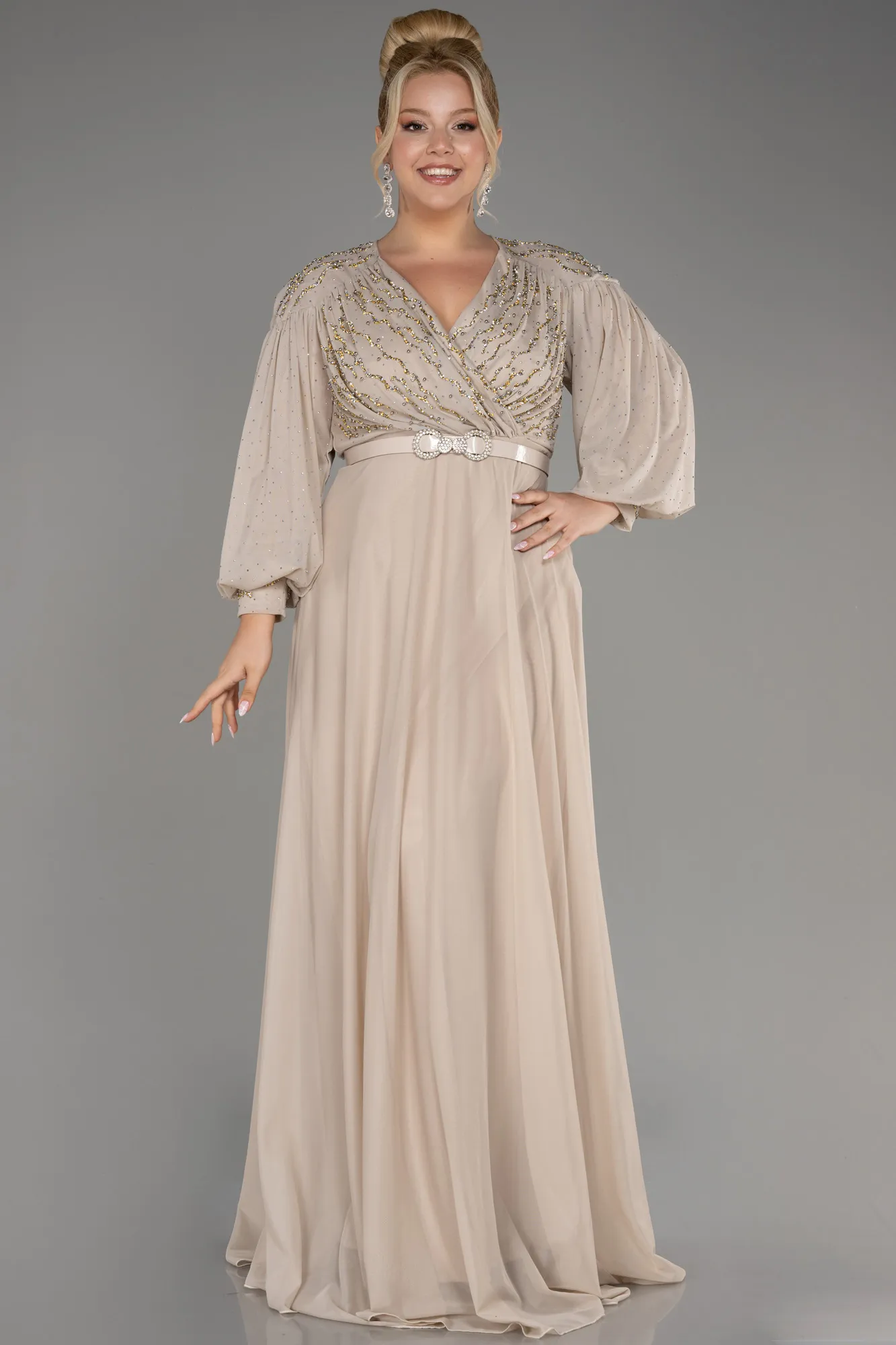 Beige-Stoned Long Sleeve Plus Size Evening Dress ABU4035