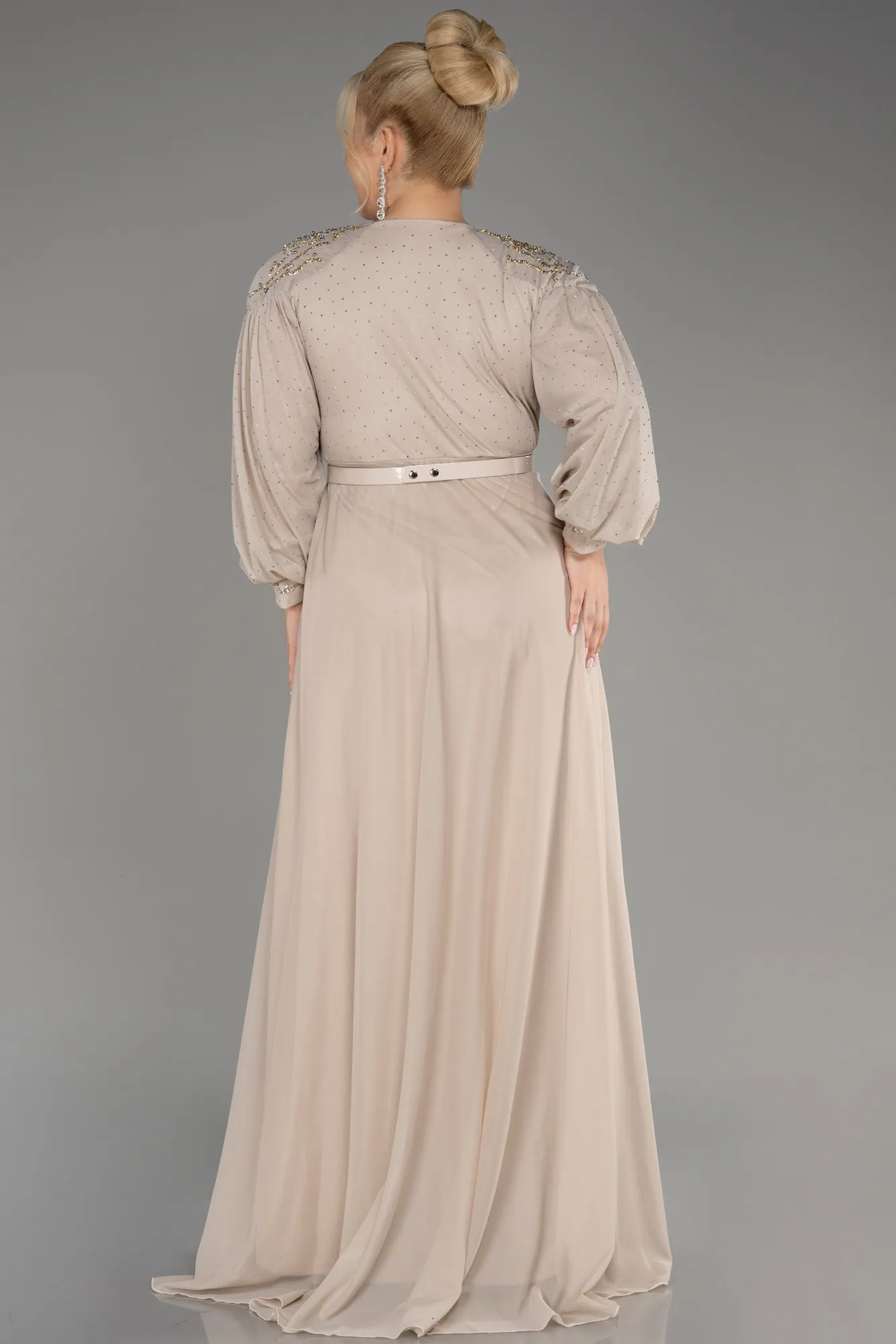 Beige-Stoned Long Sleeve Plus Size Evening Dress ABU4035