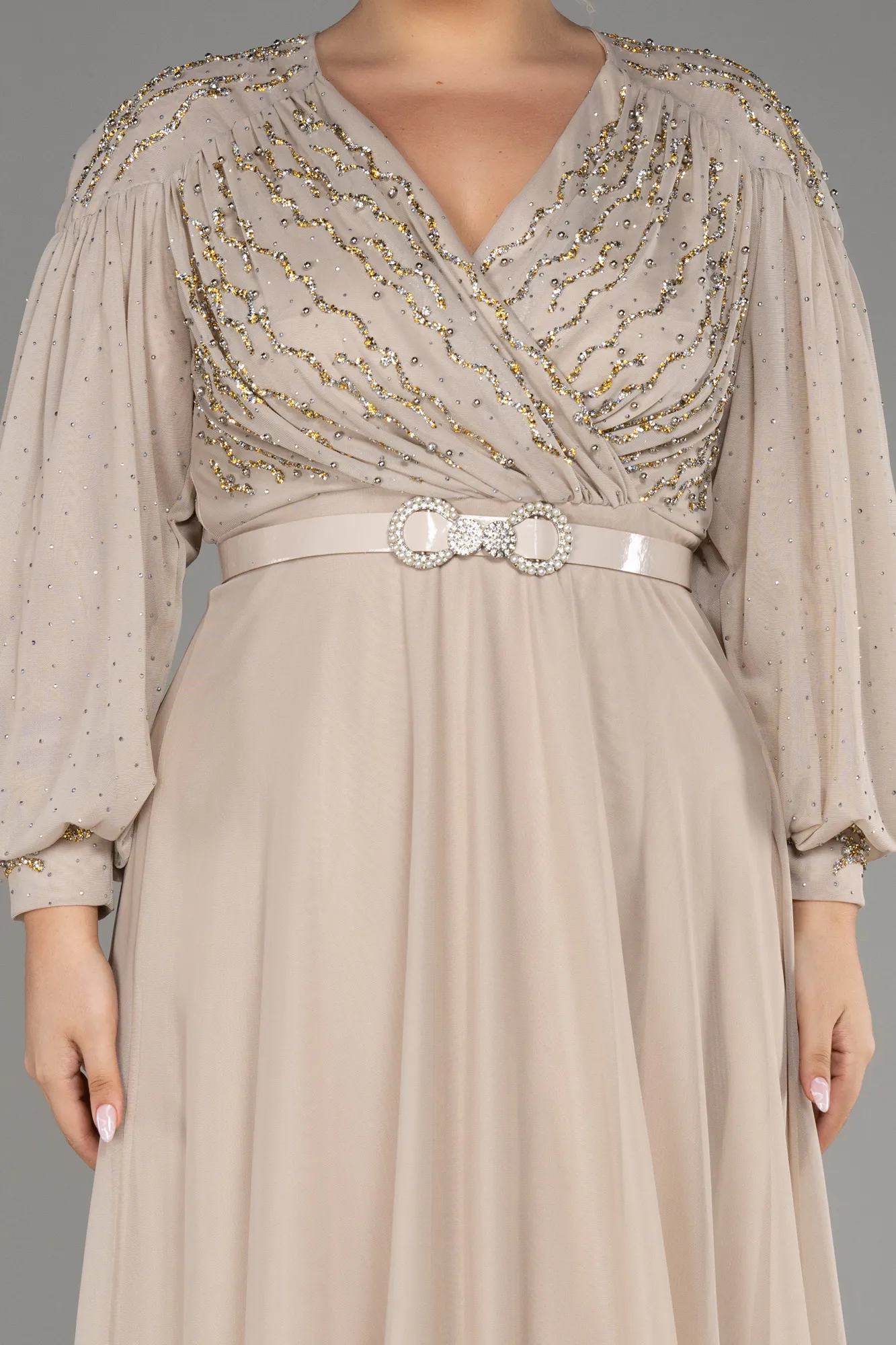 Beige-Stoned Long Sleeve Plus Size Evening Dress ABU4035