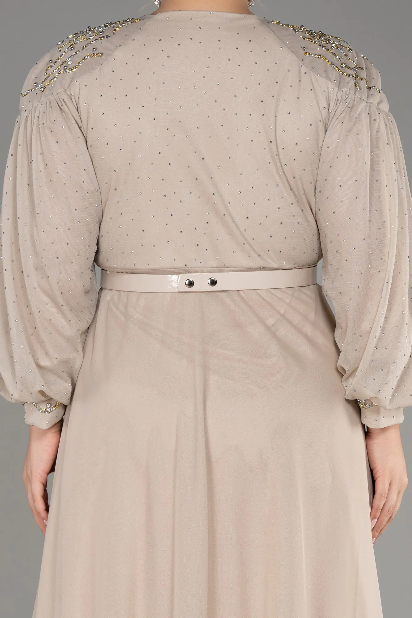 Beige-Stoned Long Sleeve Plus Size Evening Dress ABU4035