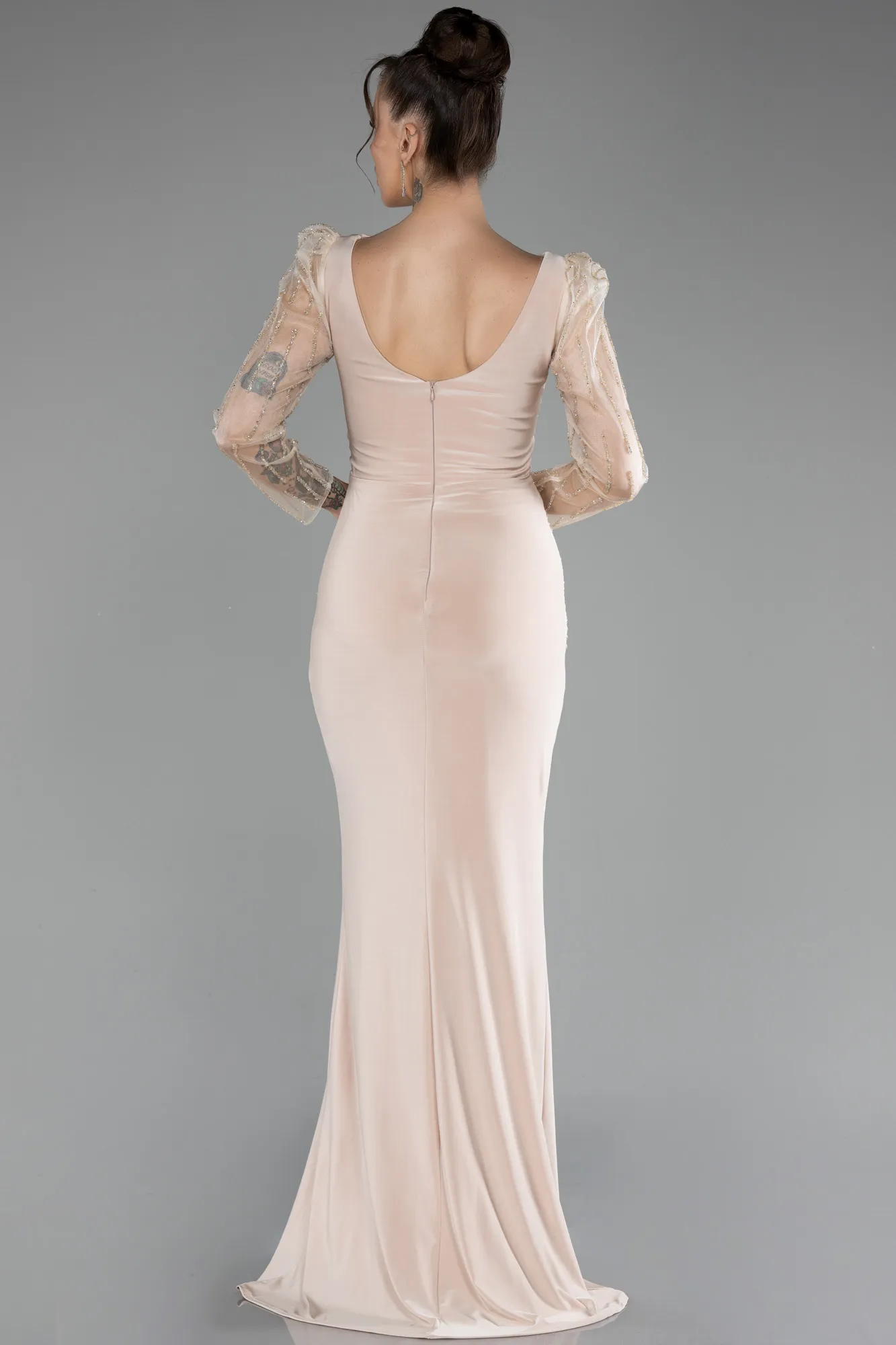 Beige-Stoned Long Sleeve Slit Evening Gown ABU4117