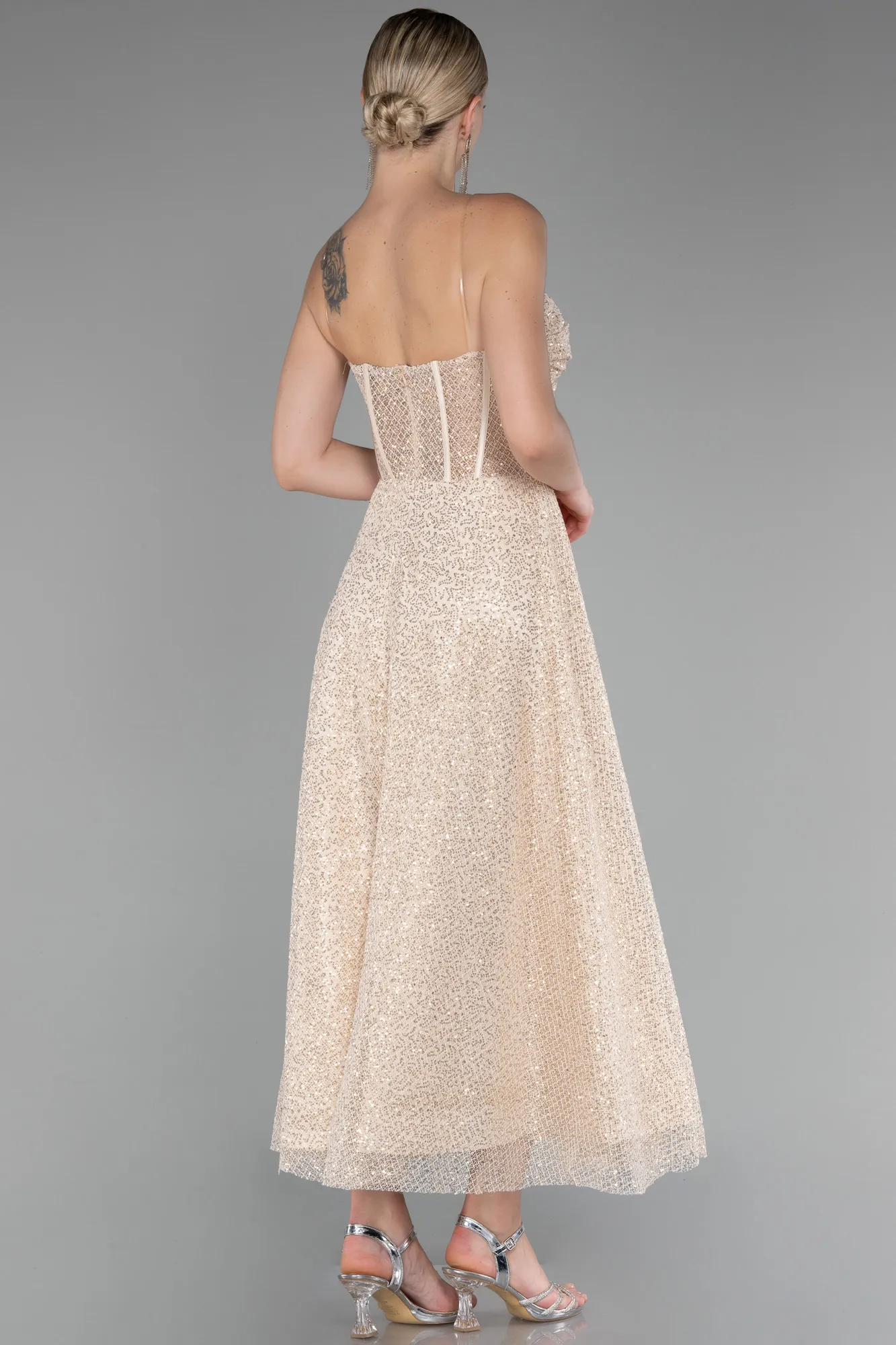 Beige-Strapless Midi Dantelle Party Dress ABK2082