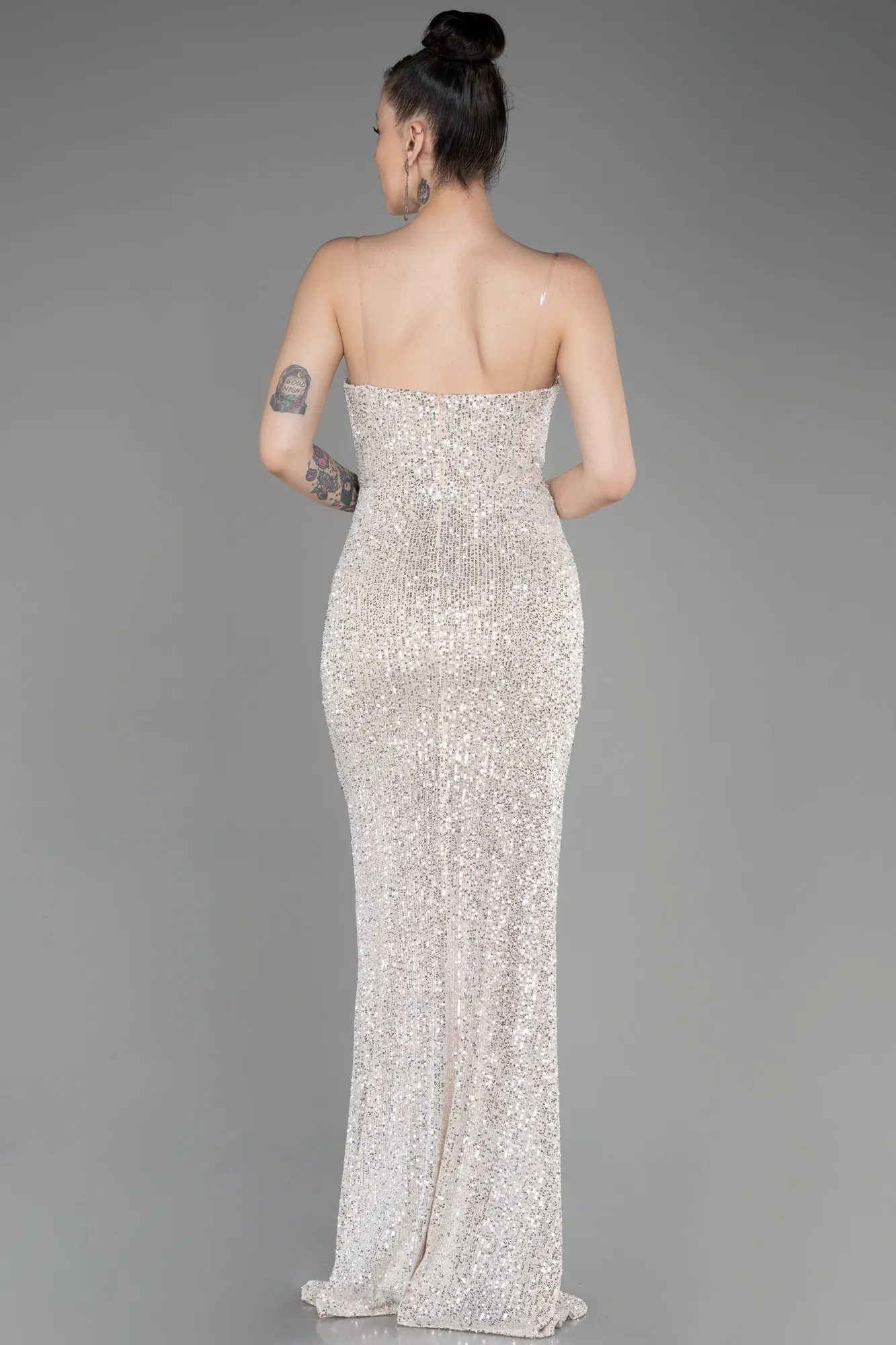 Beige-Strapless Sequined Long Mermaid Evening Dress ABU3849