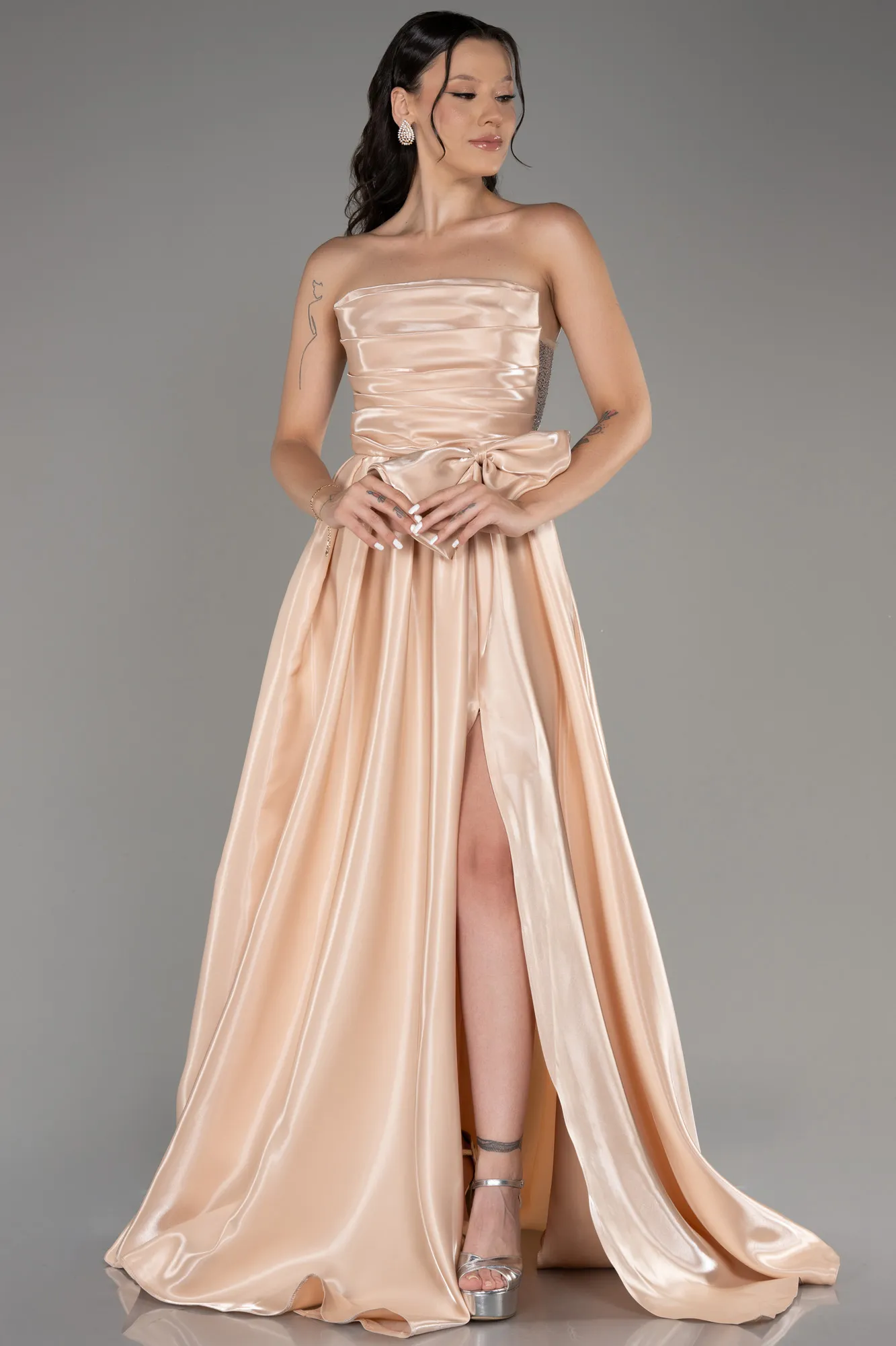 Beige-Strapless Slit Long Ball Gown ABU4015