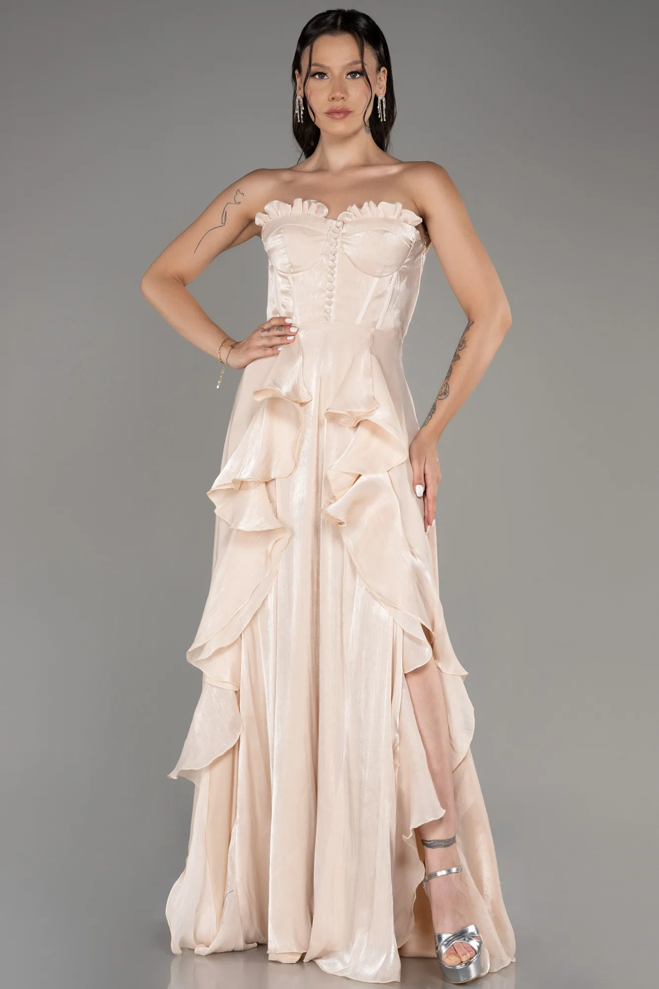 Beige-Strapless Slit Long Chiffon Prom Dress ABU4012