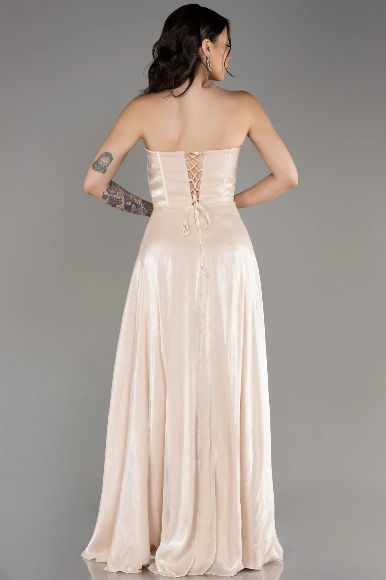 Beige-Strapless Slit Long Chiffon Prom Dress ABU4012