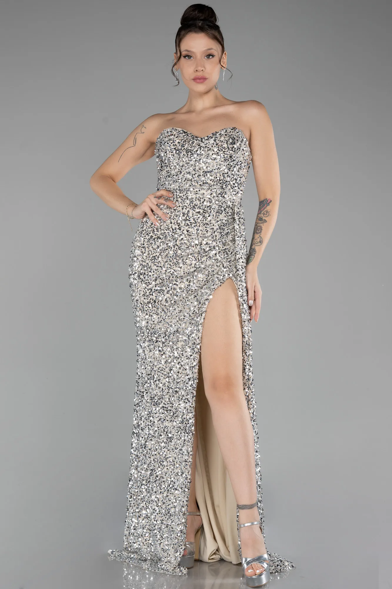 Beige-Strapless Slit Long Sequined Prom Gown ABU4242