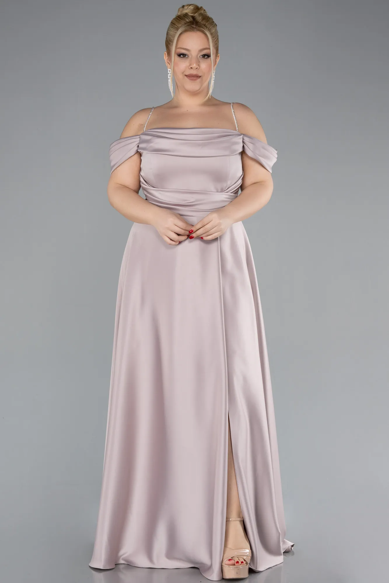 Beige-Strapy Slit Long Satin Plus Size Evening Gown ABU4528