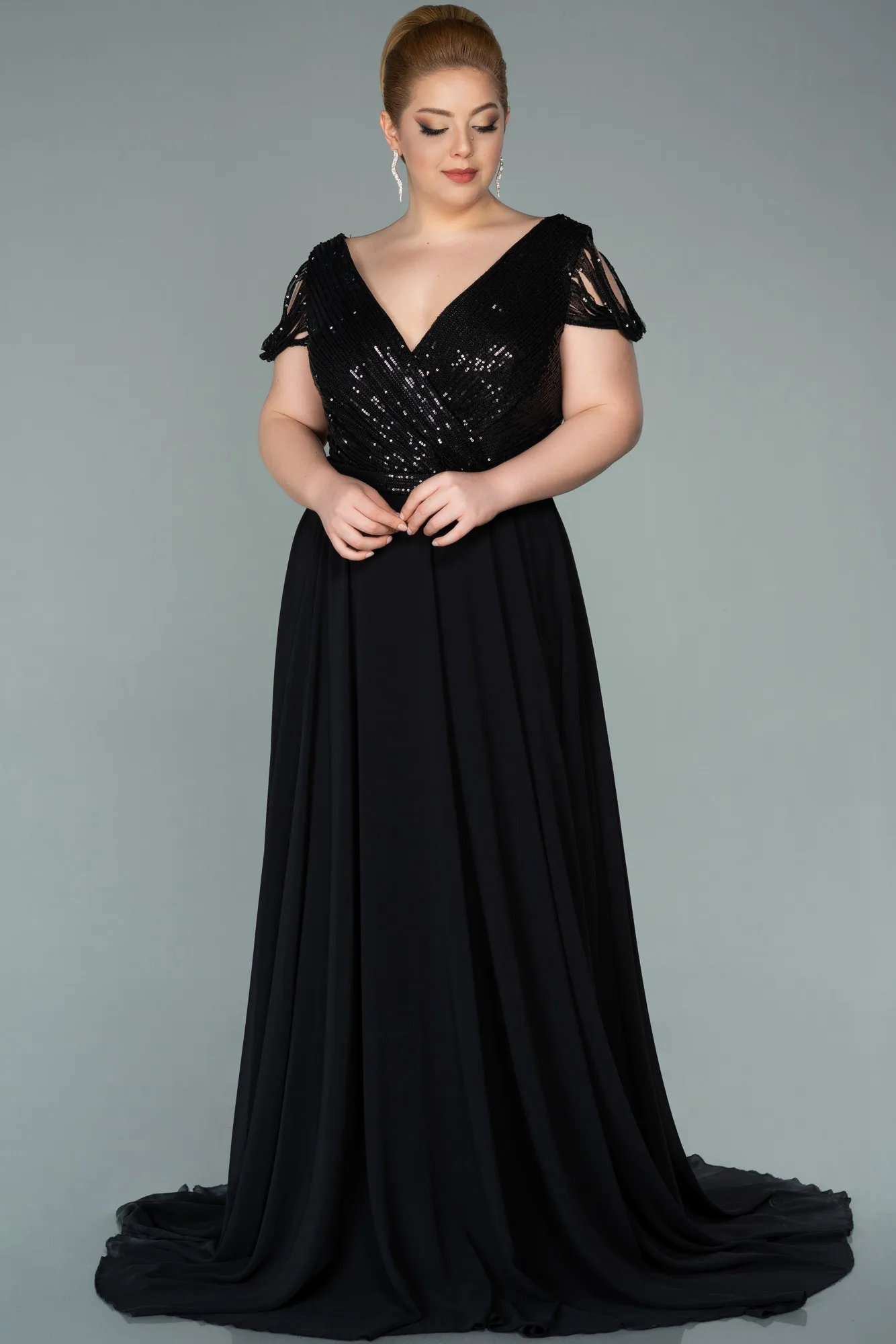 Black-Anthracite-Long Plus Size Evening Dress ABU828