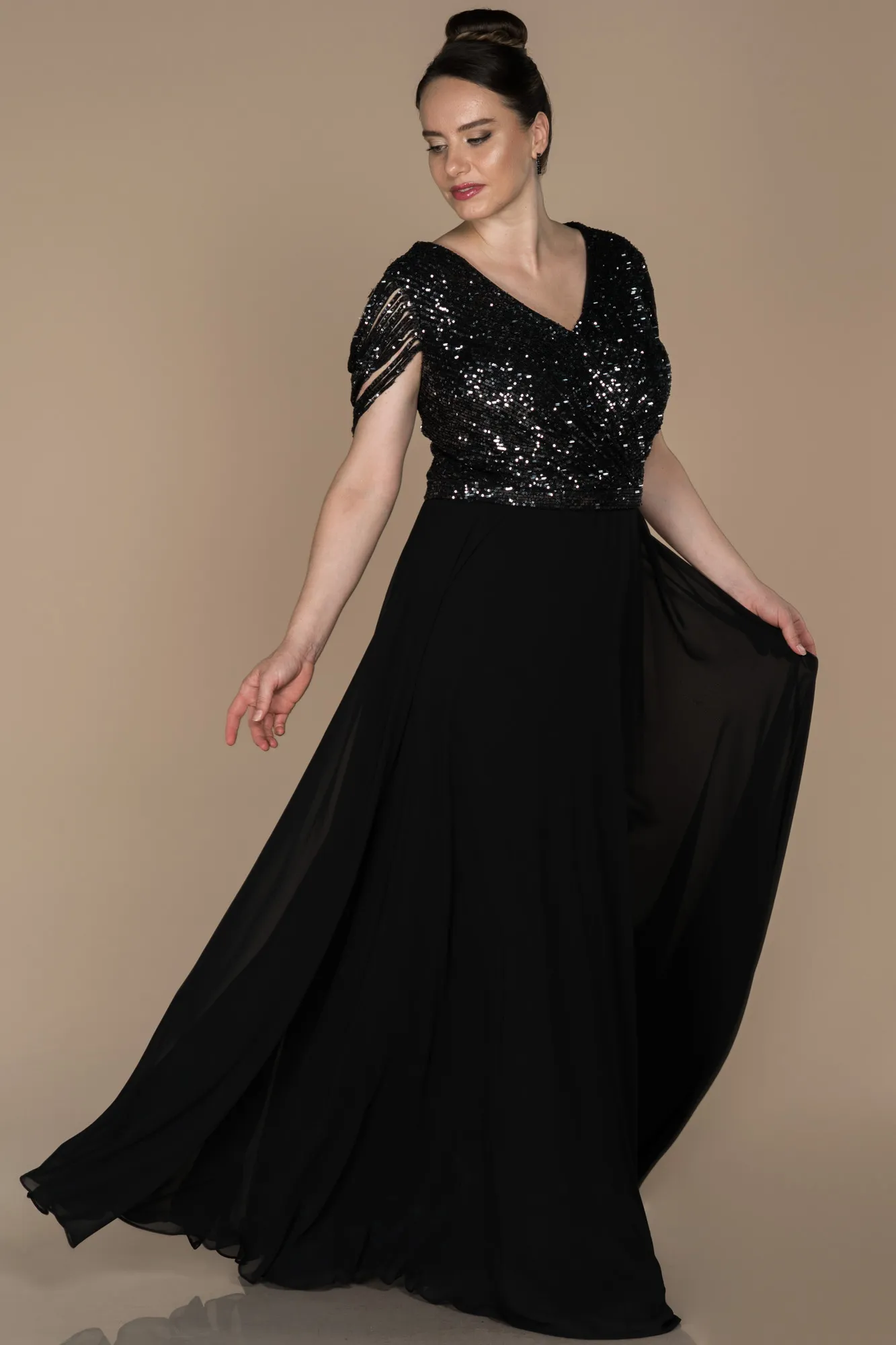 Black-Anthracite-Long Plus Size Evening Dress ABU828