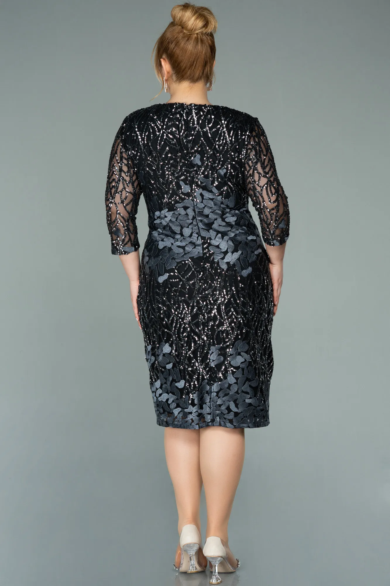 Black-Anthracite-Short Scaly Plus Size Evening Dress ABK1284