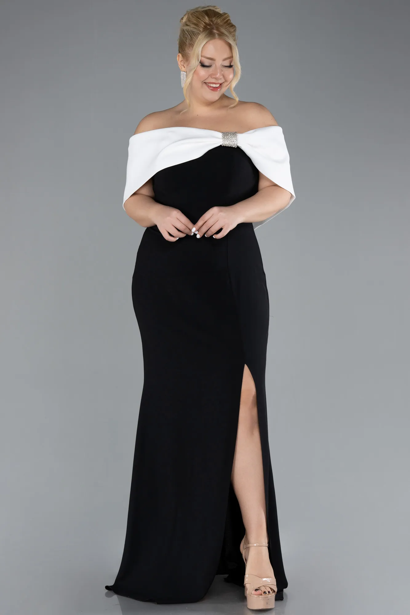 Black-Ecru-Long Plus Size Evening Gown ABU3945