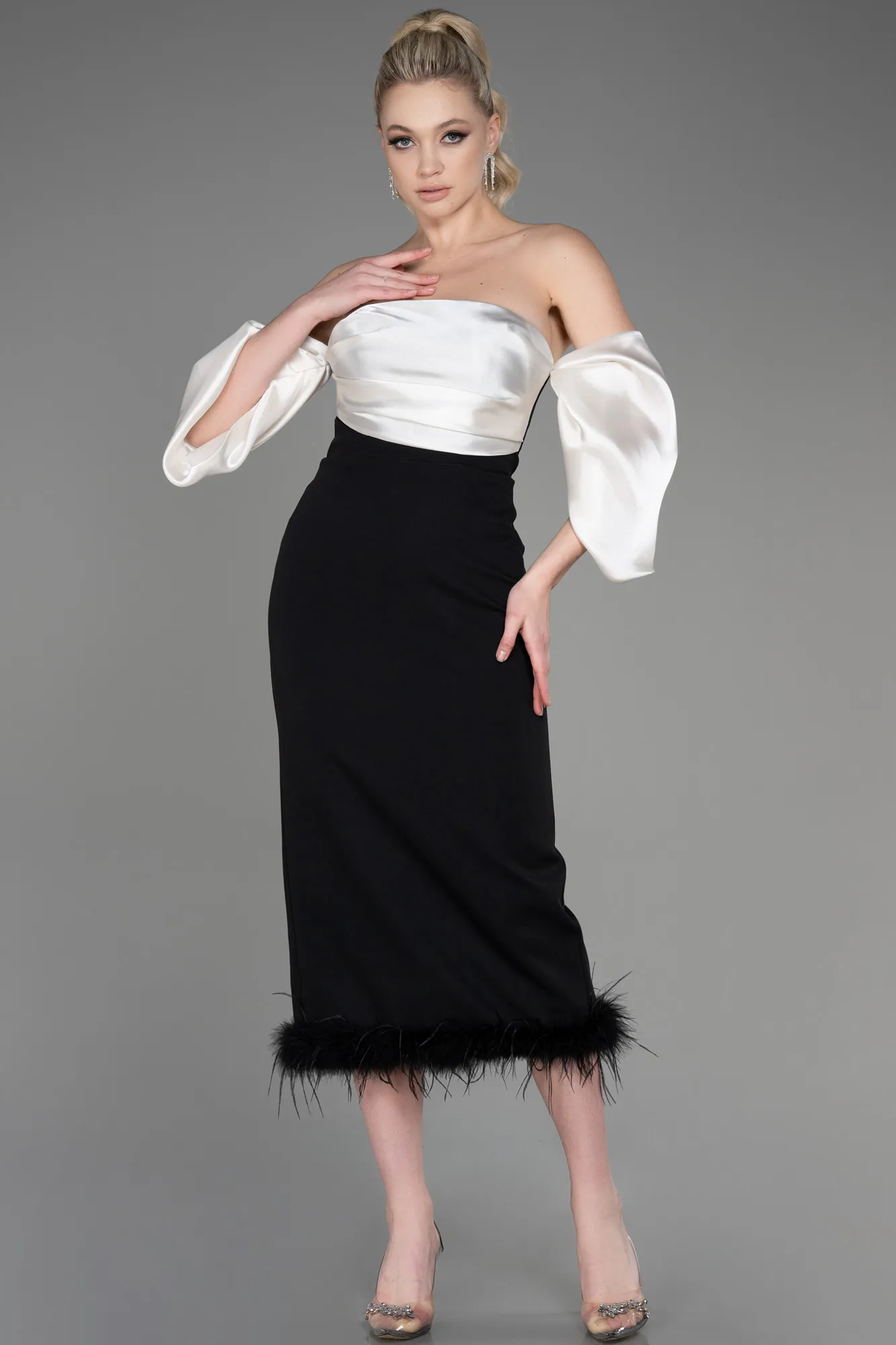Black-Ecru-Midi Invitation Dress ABK1796
