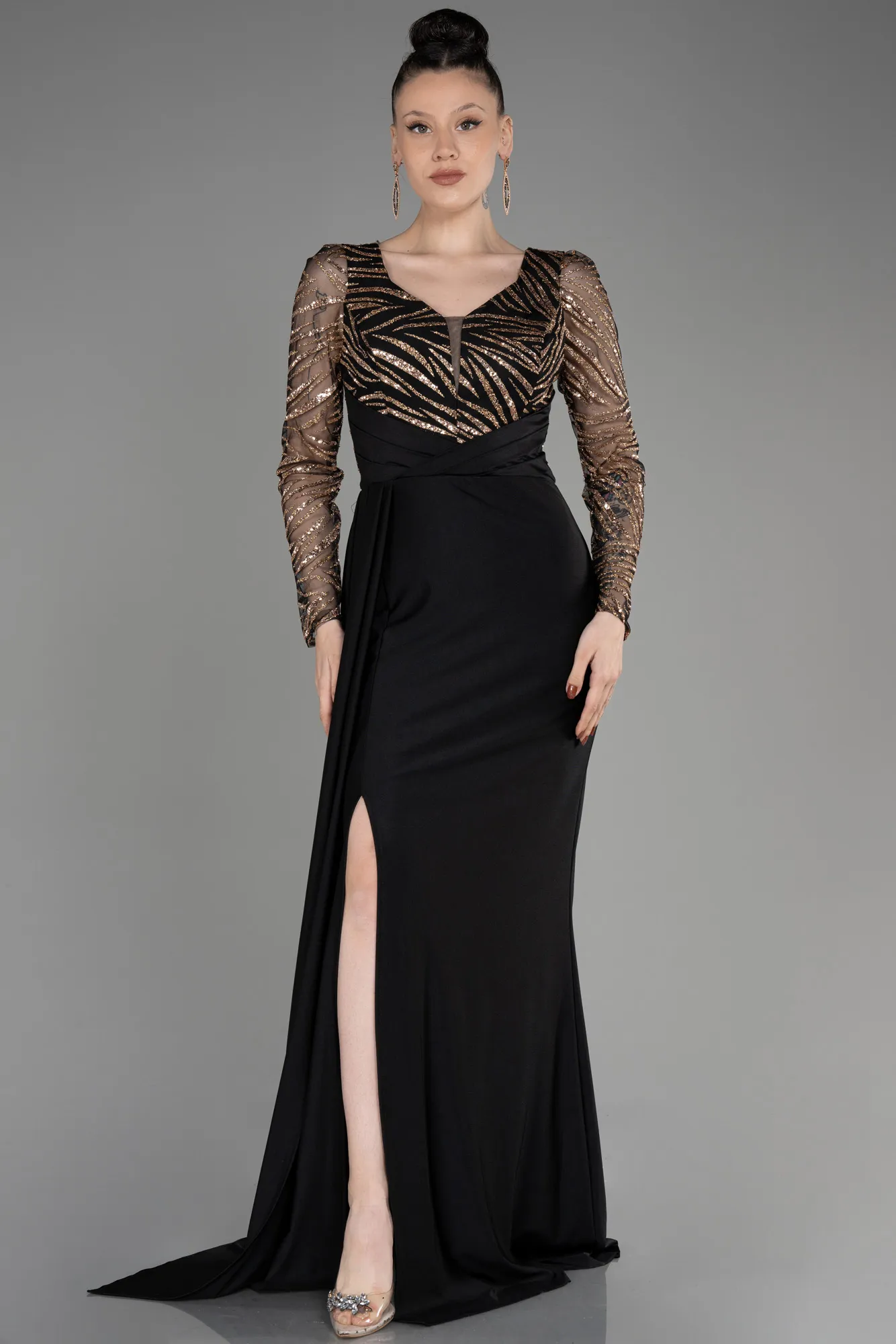 Black-Gold-Long Sleeve Evening Dress ABU3834