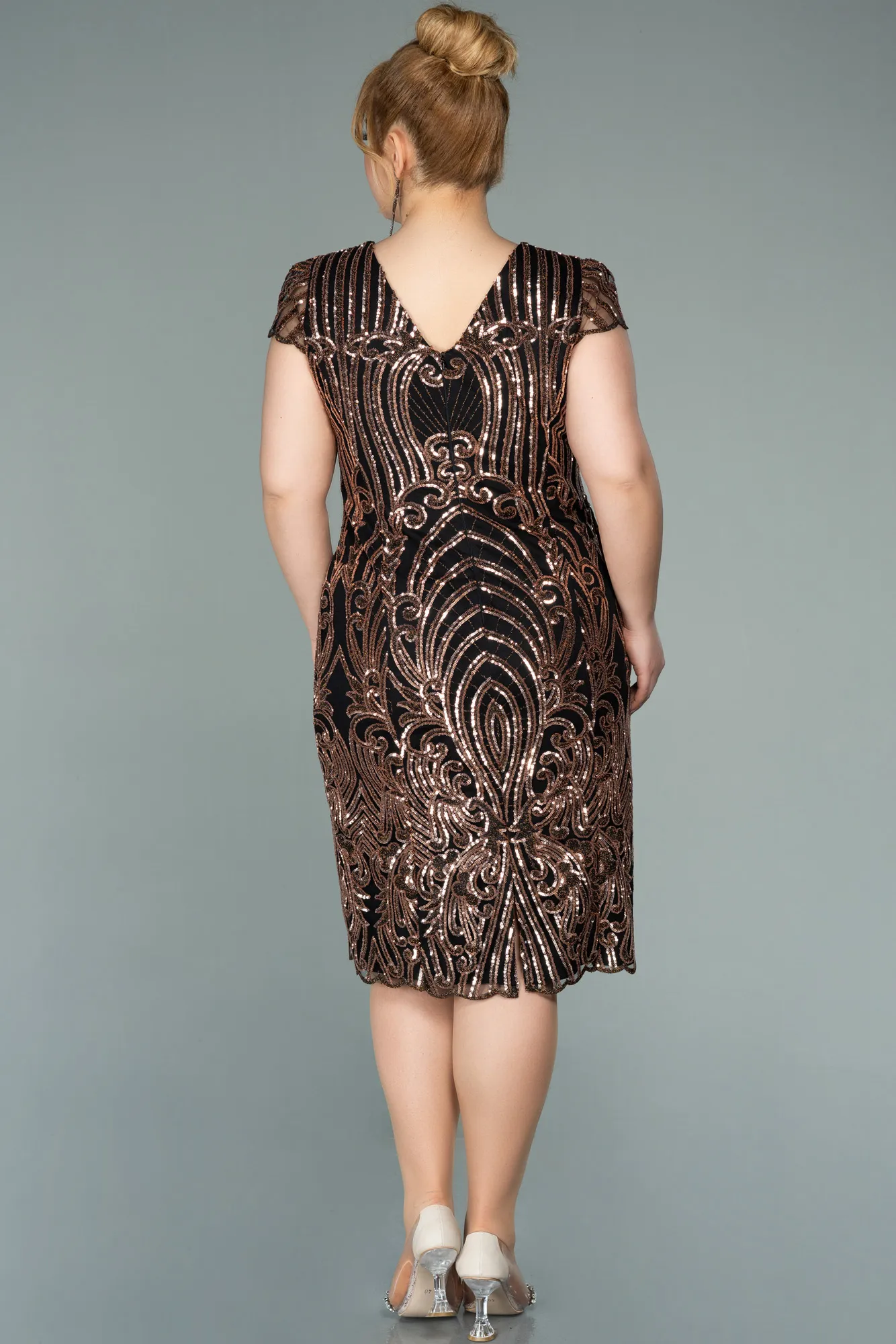 Black-Gold-Short Laced Oversized Evening Dress ABK1283