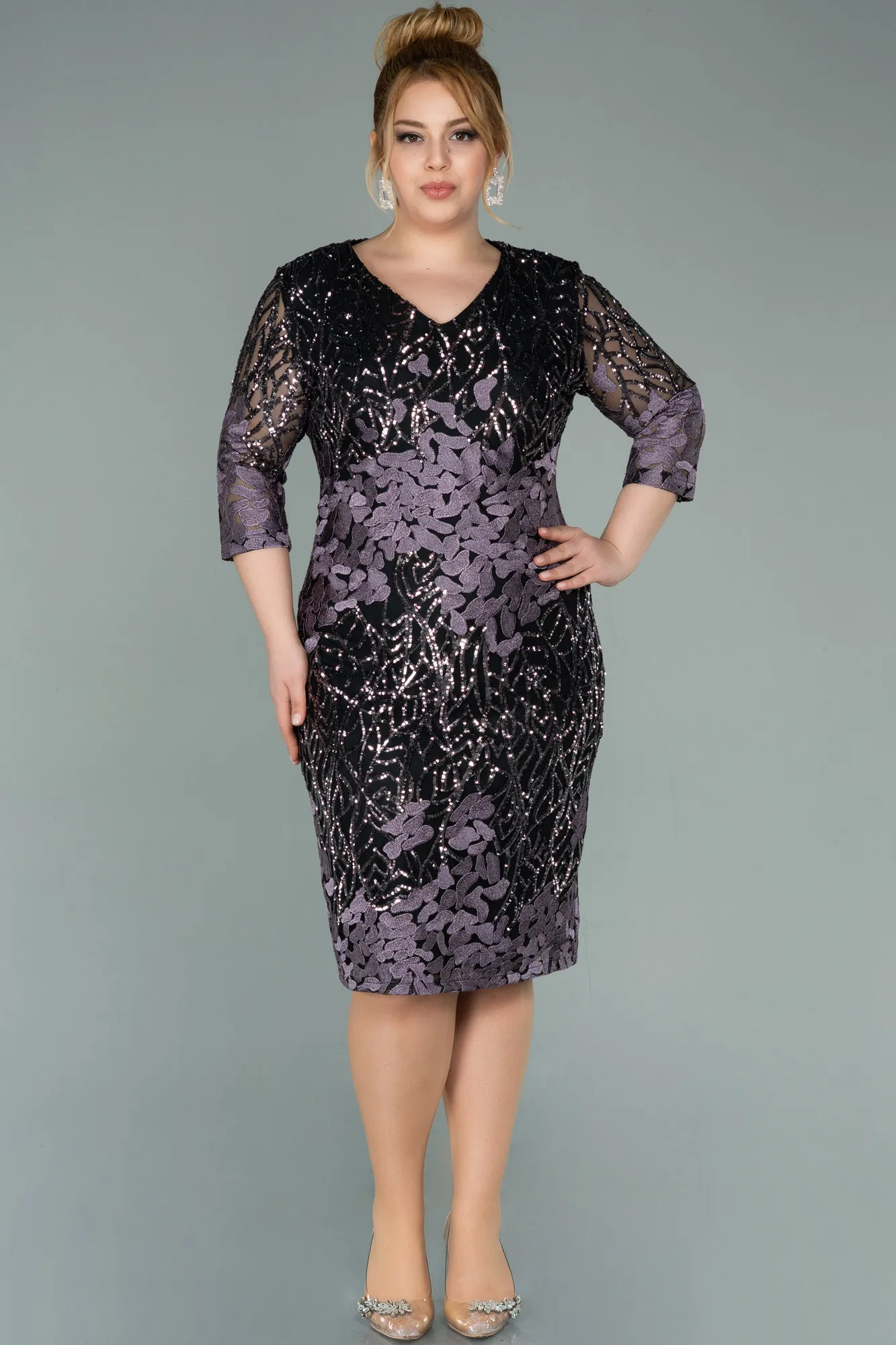 Black-Lavender-Short Scaly Plus Size Evening Dress ABK1284
