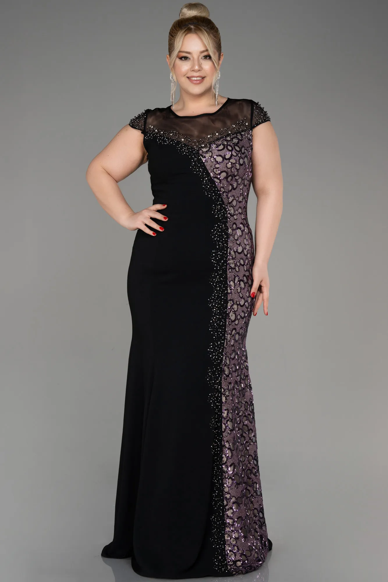 Black-Purple-Long Plus Size Evening Dress ABU3923