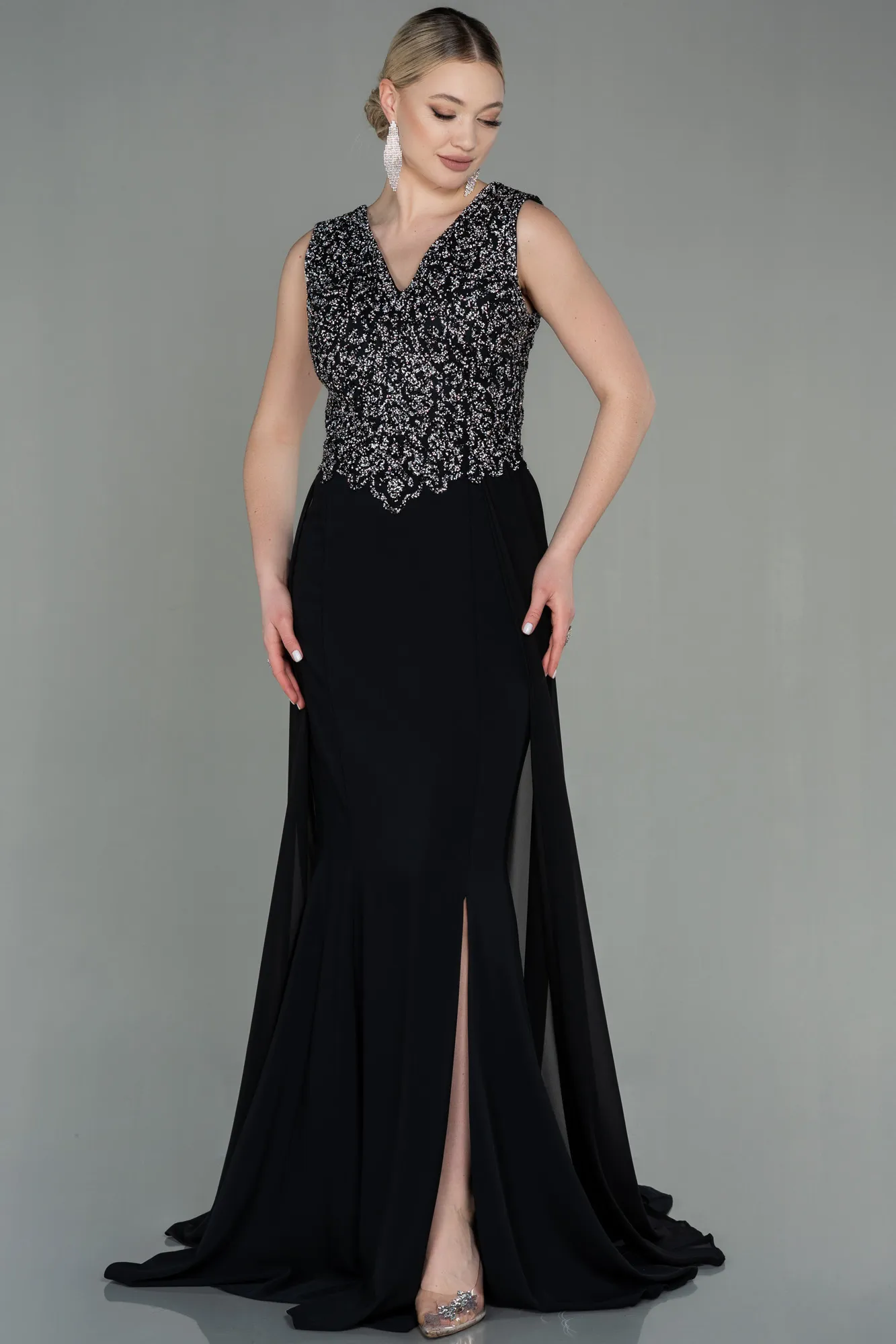 Black-Silver-Long Chiffon Mermaid Evening Dress ABU2946